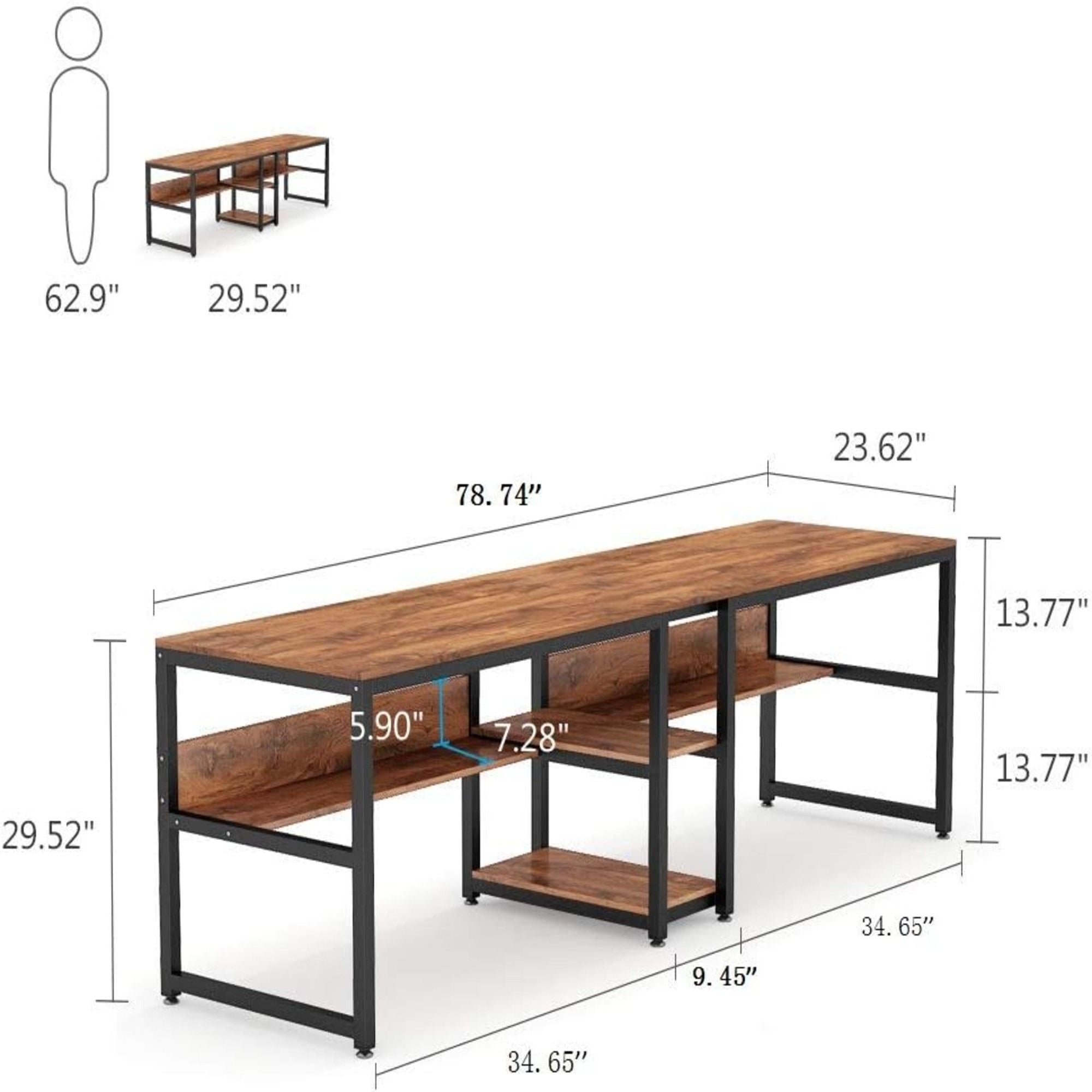 Double Desk For 2 With Bookshelves, 2 Person Workstation With Storage - Brown / Black