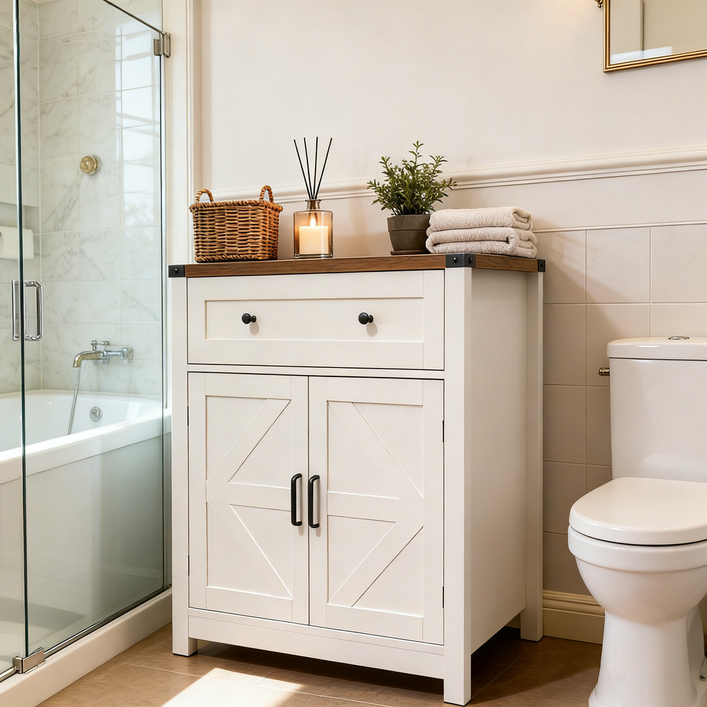 White & Wood-Grain Top Farmhouse Barn-Door Storage Cabinet
