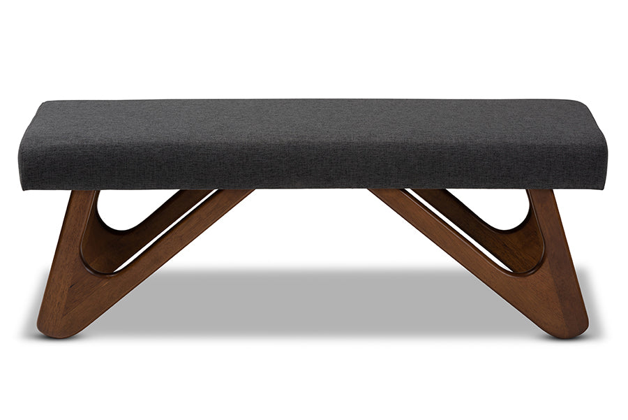 Baxton Studio Rika Mid-Century Modern Dark Grey Fabric Upholstered Walnut Brown Finished Boomerang Bench