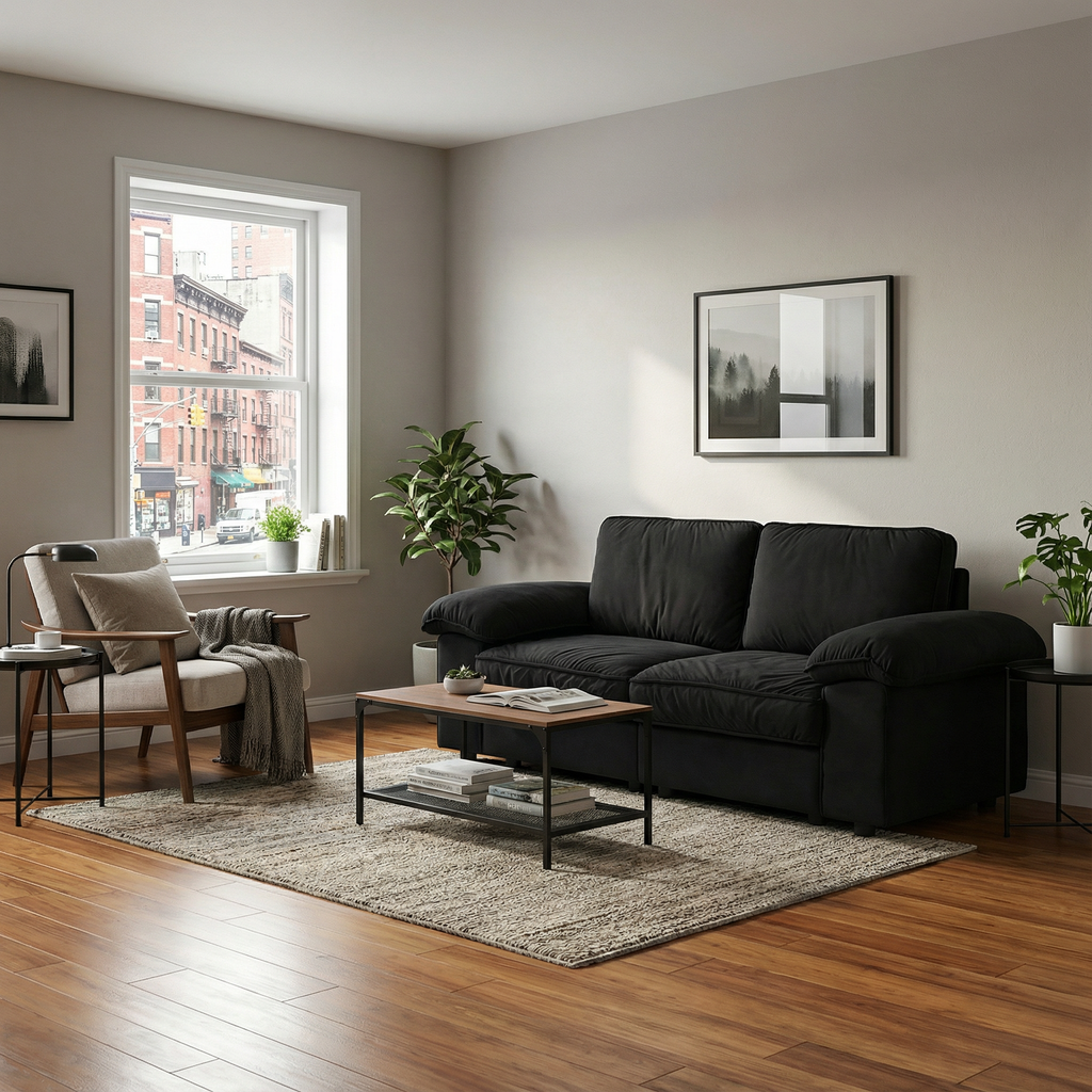 Black Velvet Compact Sofa with Hidden Storage