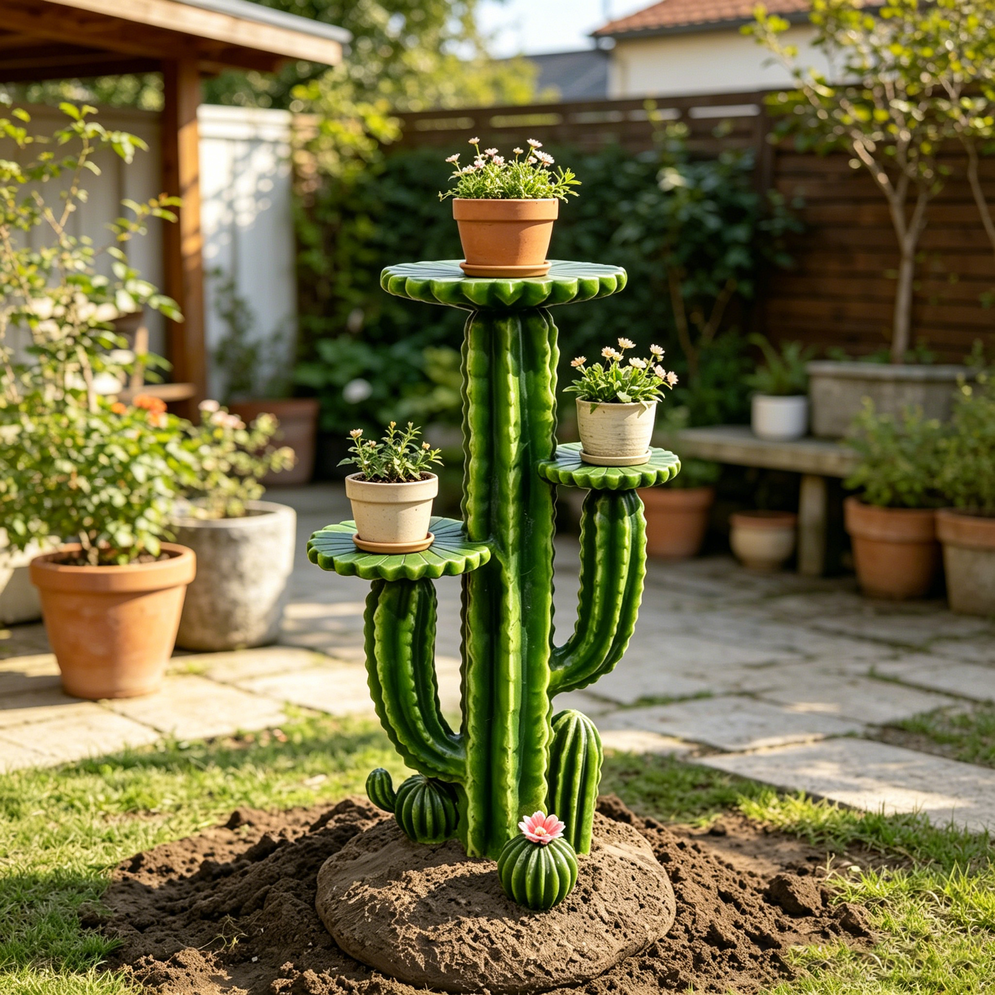 32'' Resin Saguaro Cactus Plant Stand with 3 Display Shelves, Large Multi-Tier Cactus Sculpture Flower Pot Holder, Weatherproof Outdoor Garden Decor for Patio Yard Lawn Succulent Display Rack Ornament