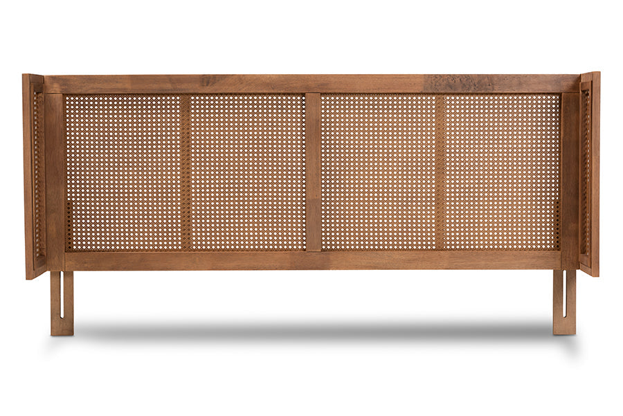 Baxton Studio Rina Mid-Century Modern Ash Wanut Finished Wood and Synthetic Rattan Queen Size Wrap-Around Headboard