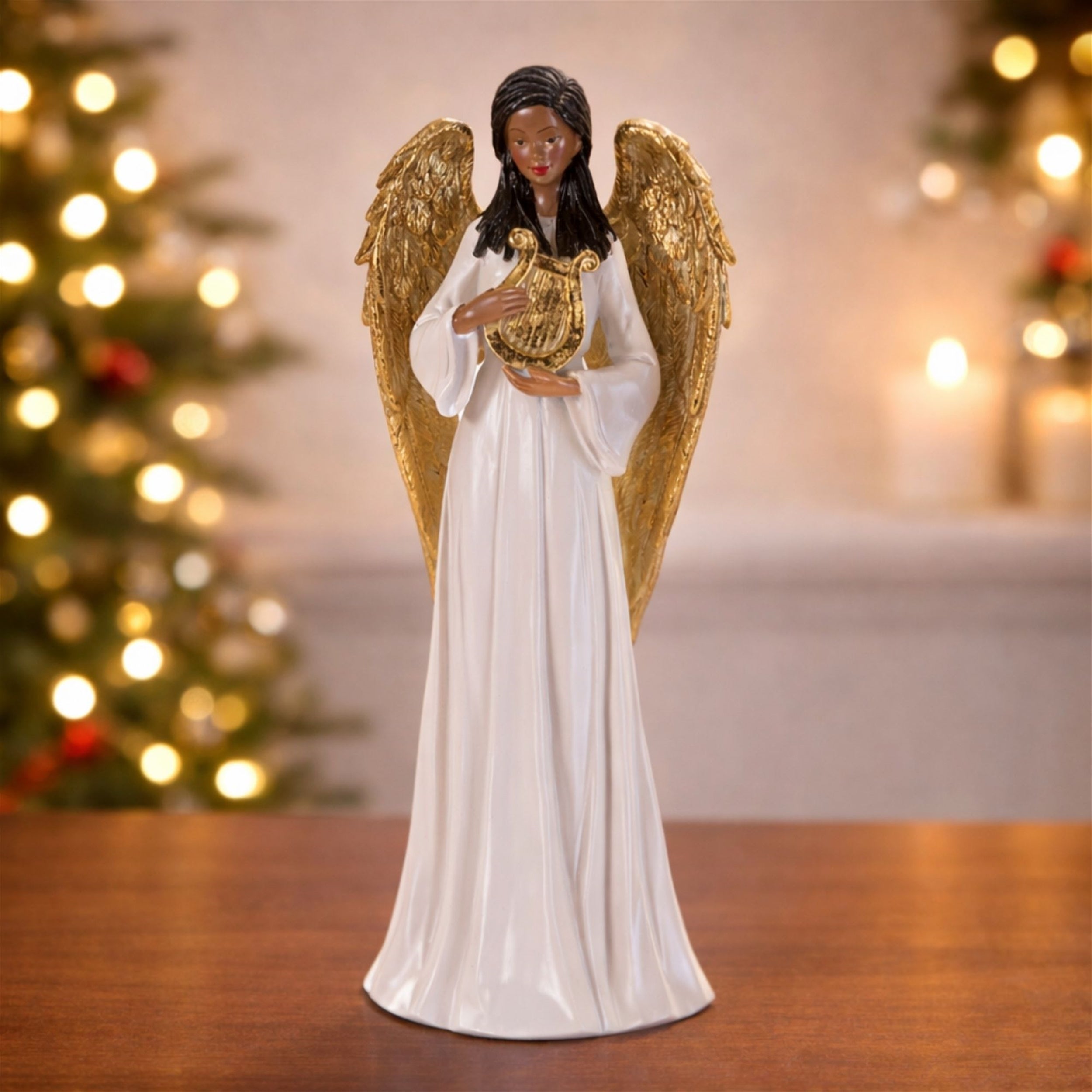Angel Figurine with Harp and Gold Wings