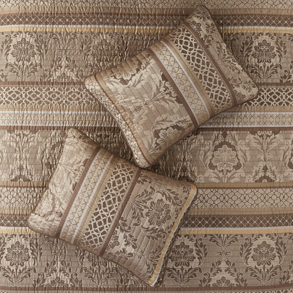 6 Piece Jacquard Quilt Set with Throw Pillows – Brown/Gold King/Cal King