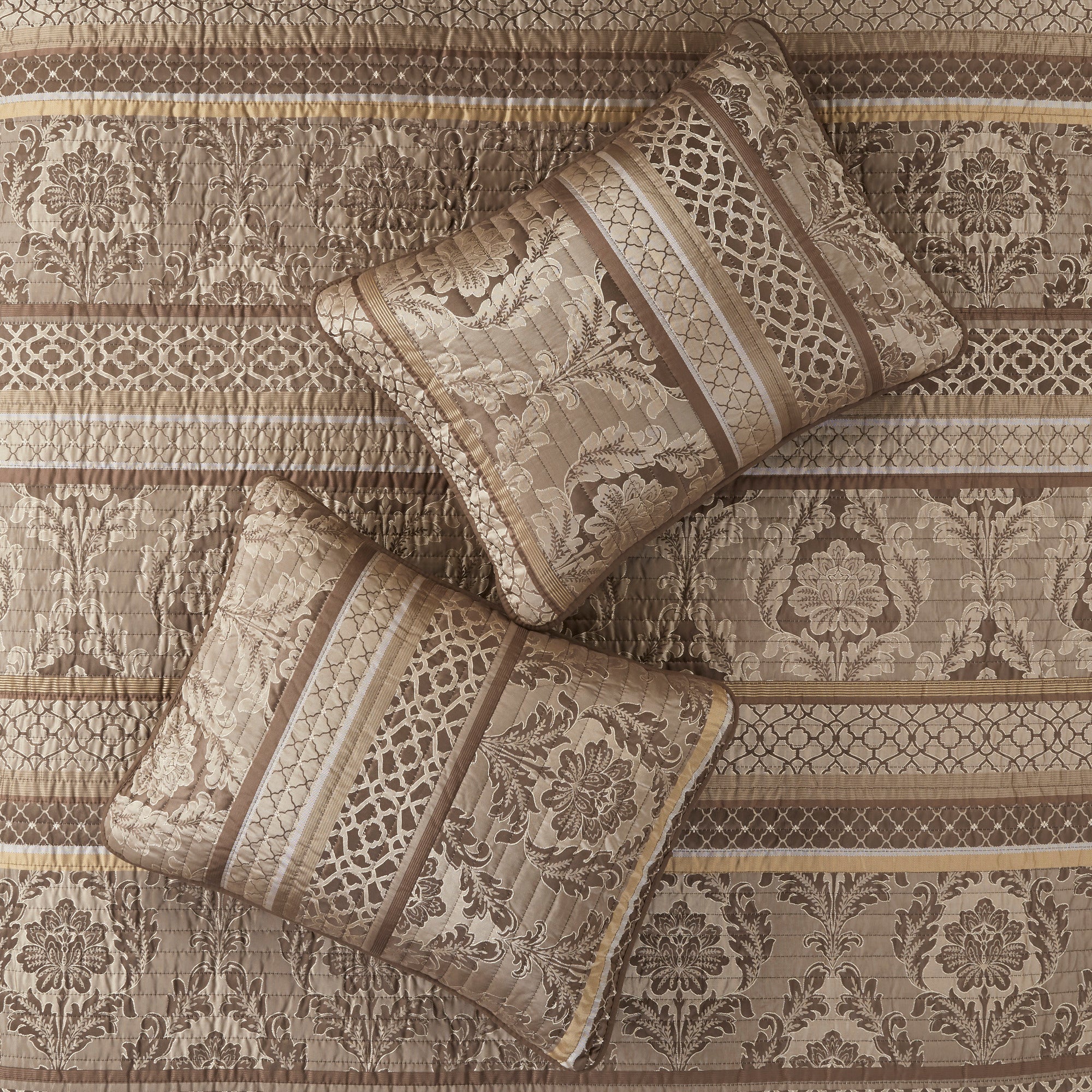 6 Piece Jacquard Quilt Set with Throw Pillows – Brown/Gold King/Cal King