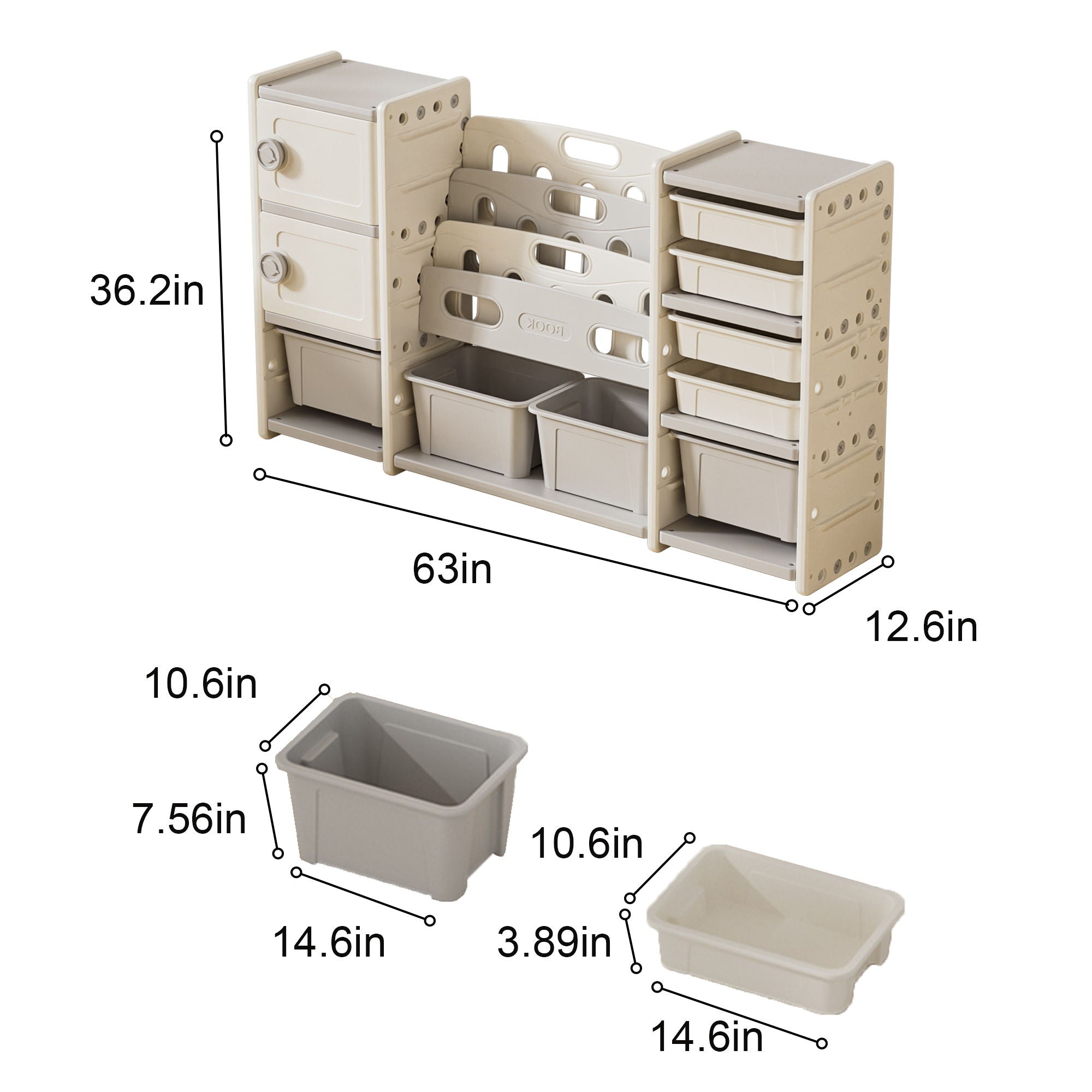 Kids Toy Storage Organizer With 8 Removable Toy Bins, 4 Tier Bookshelf, And 2 Cabinet Storage - Gray / Ivory