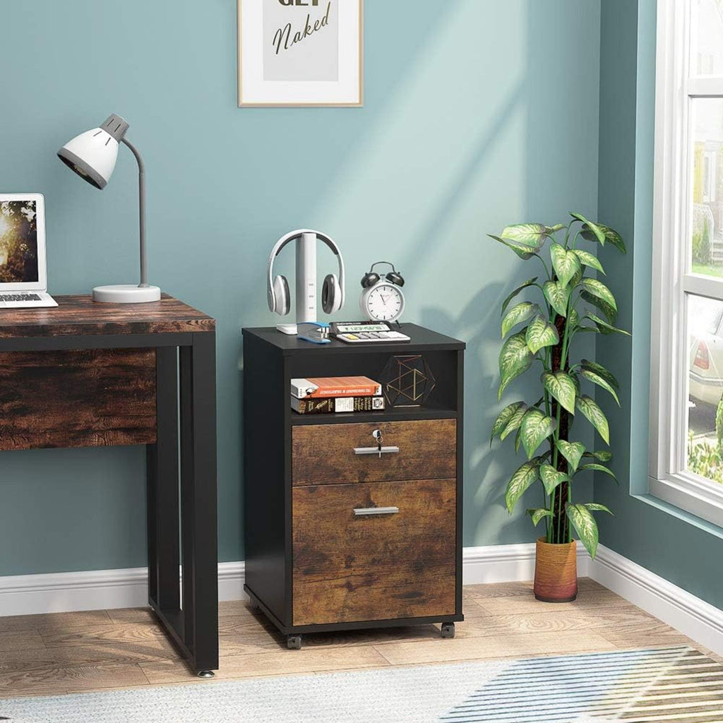 2 Drawer Mobile File Cabinet With Lock, Rolling Printer Stand For Letter Size Files - Black / Brown