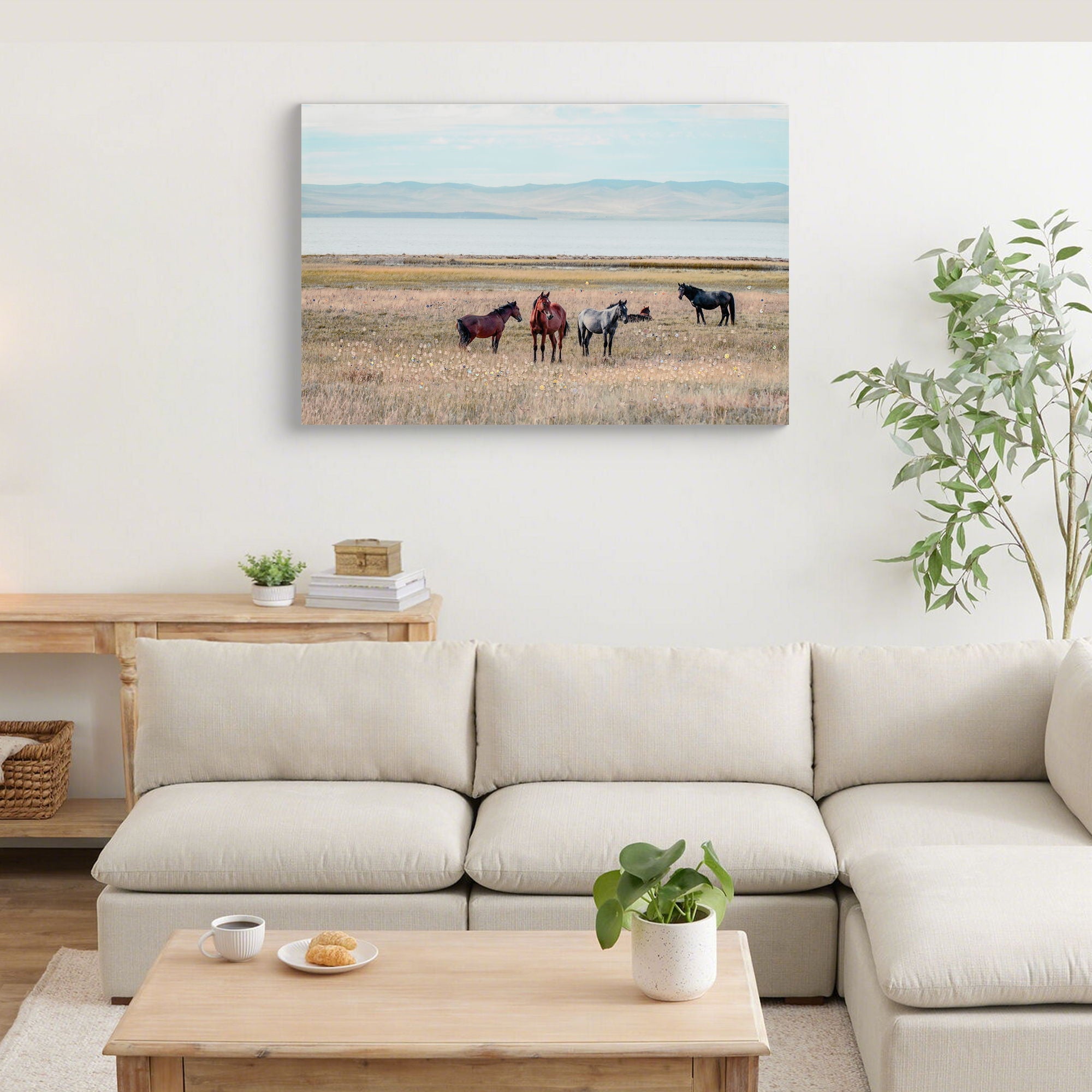 Horse Framed Wall Art Decor for Living Room - Denim Brown
