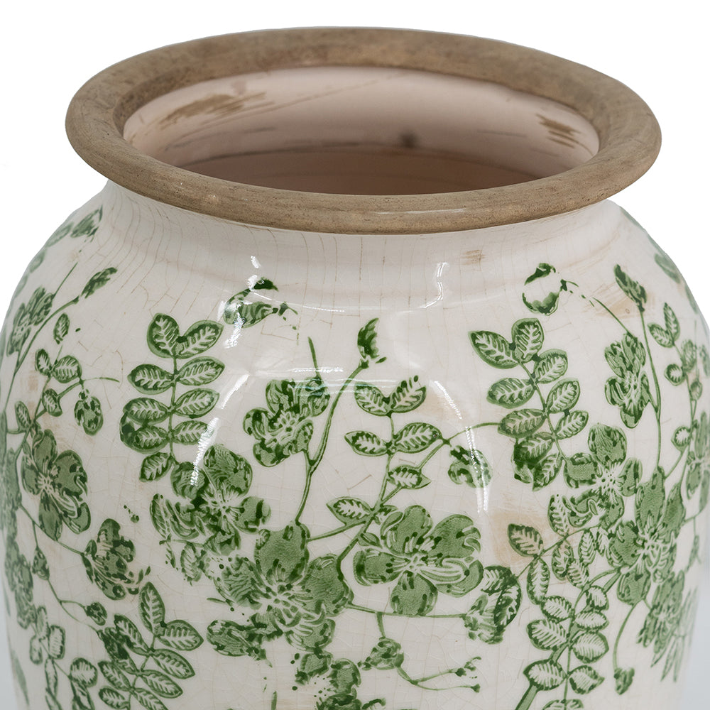 6.5x6.5x11.6 White Ceramic Flower Vase with Green Floral Pattern