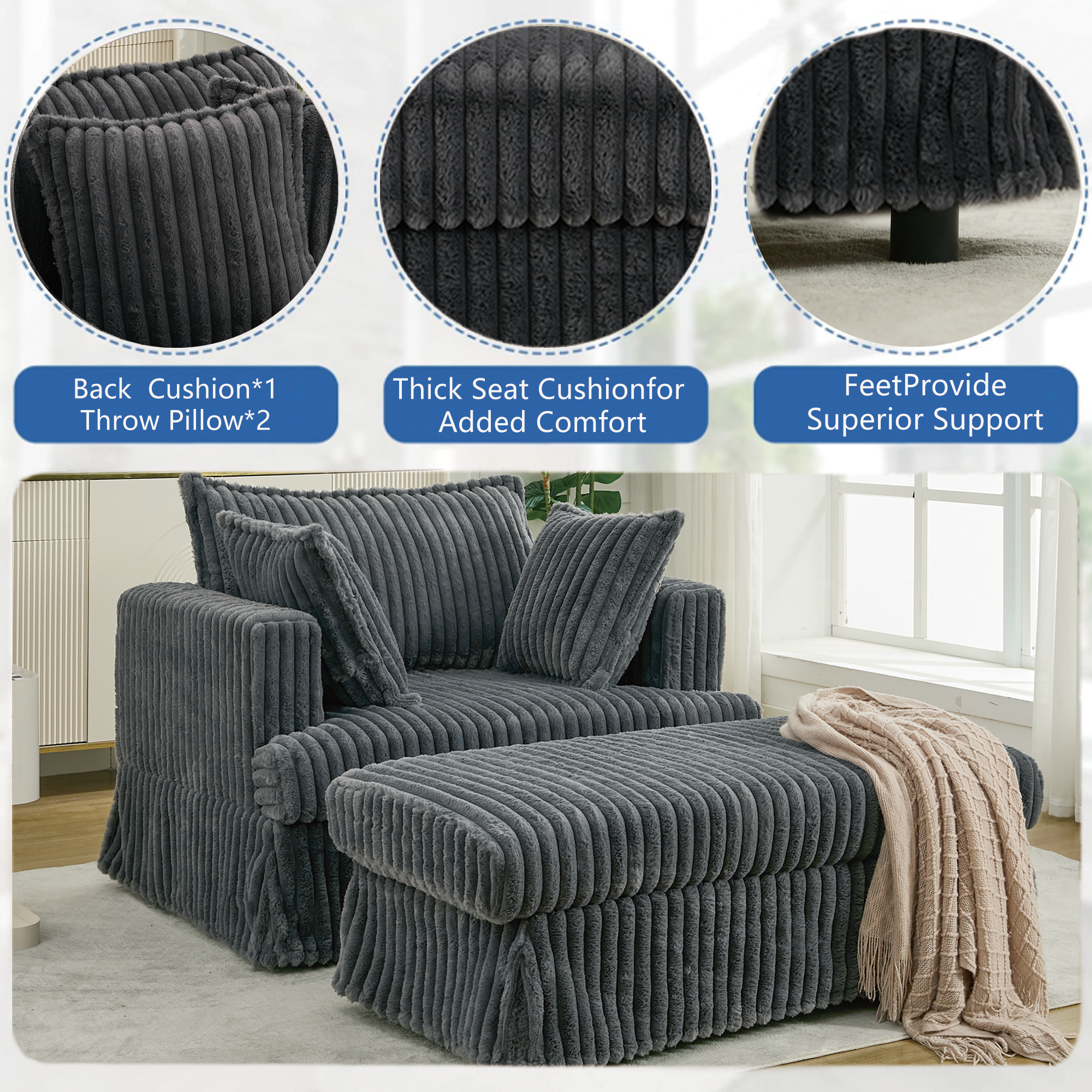 Oversized Corduroy Chaise Lounge with Ottoman in Dark Gray