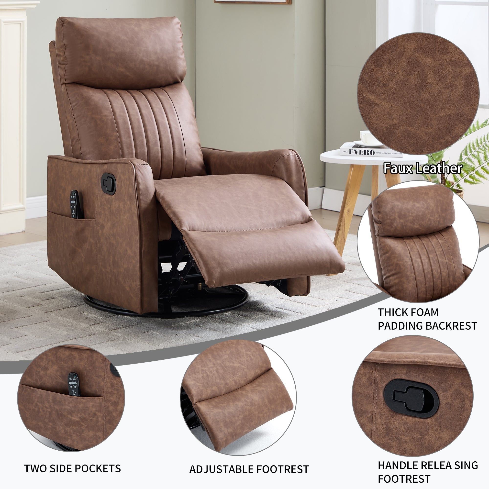 Brown Heat Massage Manual Recliner Chair