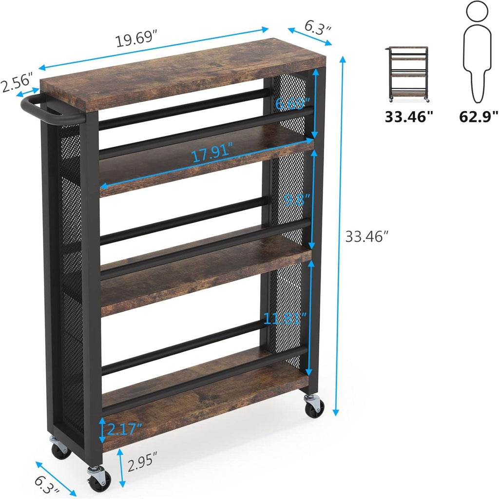 Slim 4 Tier Rolling Utility Cart With Wheels, Narrow Kitchen Storage Trolley - Brown / Black