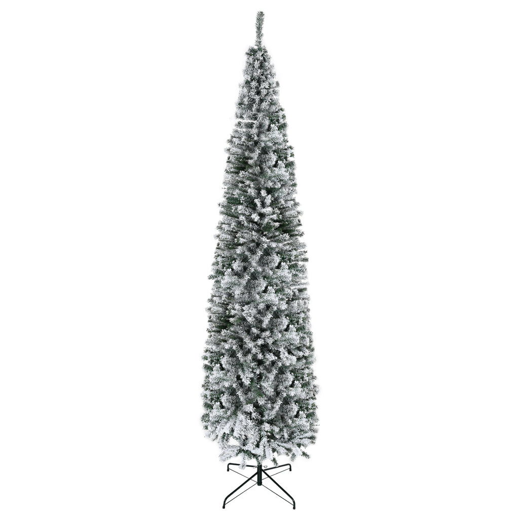 HOMCOM 9' Tall Unlit Snow-Flocked Slim Artificial Christmas Tree