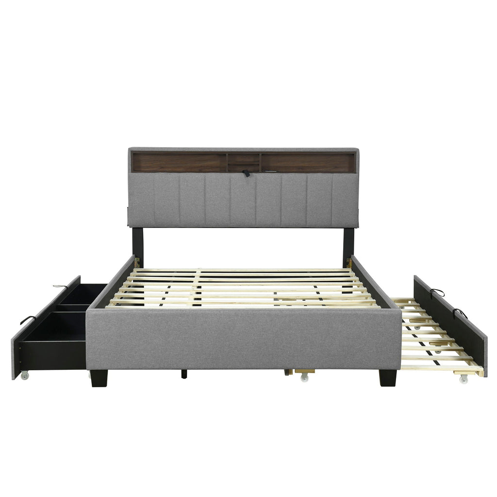 Upholstered Platform Bed With Storage Headboard, Trundle & 2 Drawers And A Set Of Sockets & USB Ports