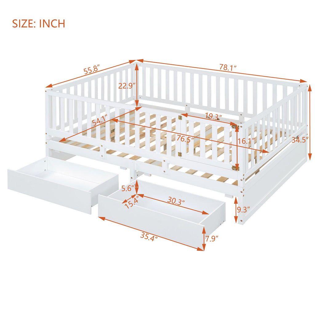 Daybed With Fence Guardrails And 2 Drawers, Split Into Independent Floor Bed & Daybed
