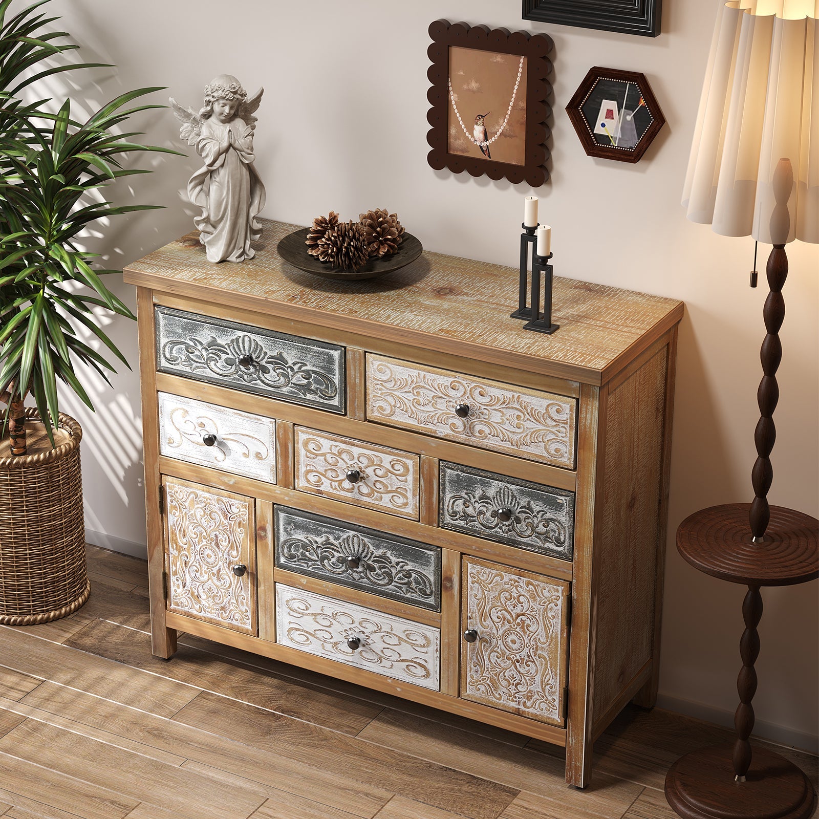 Vintage Wooden Accent Chest with 7 Drawers & 2 Cabinets