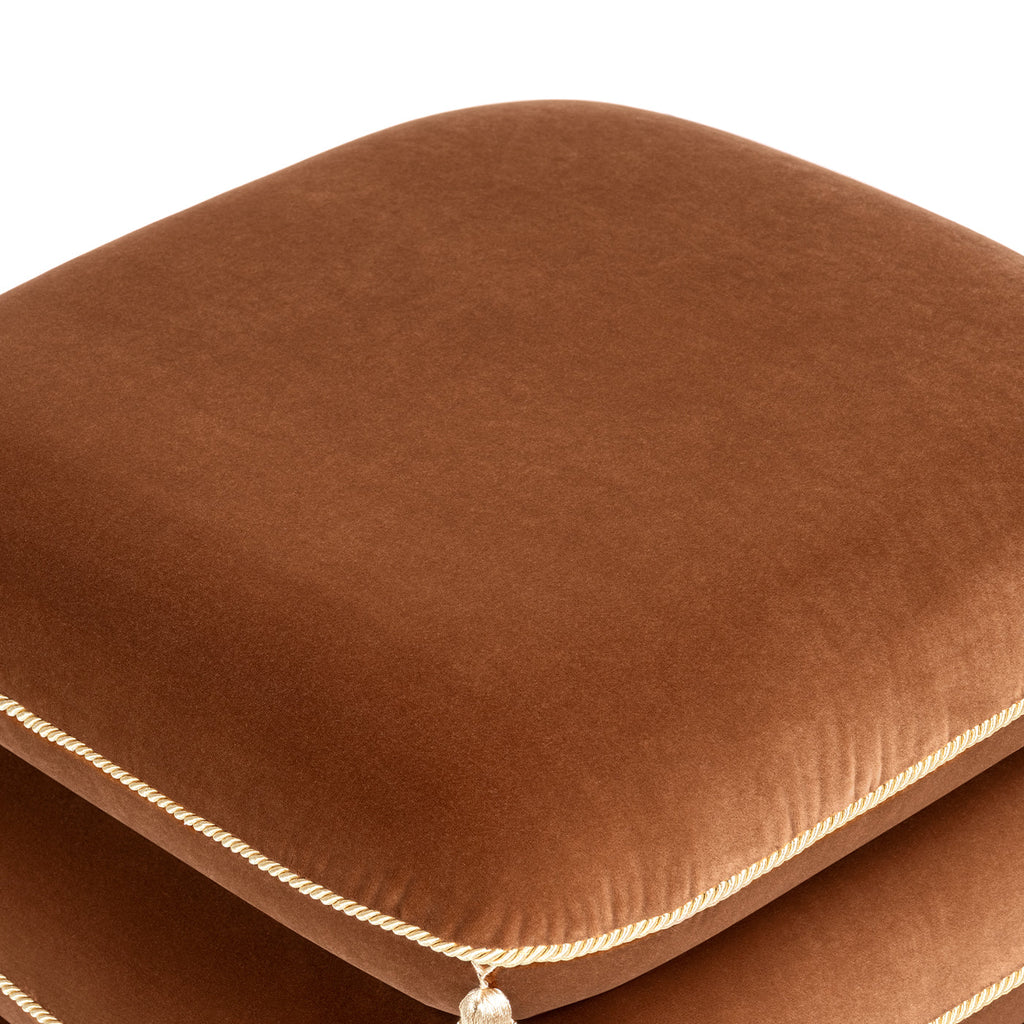 Monarch 19.5" Squared Upholstered Ottoman with Bullion Fringe, Burnt