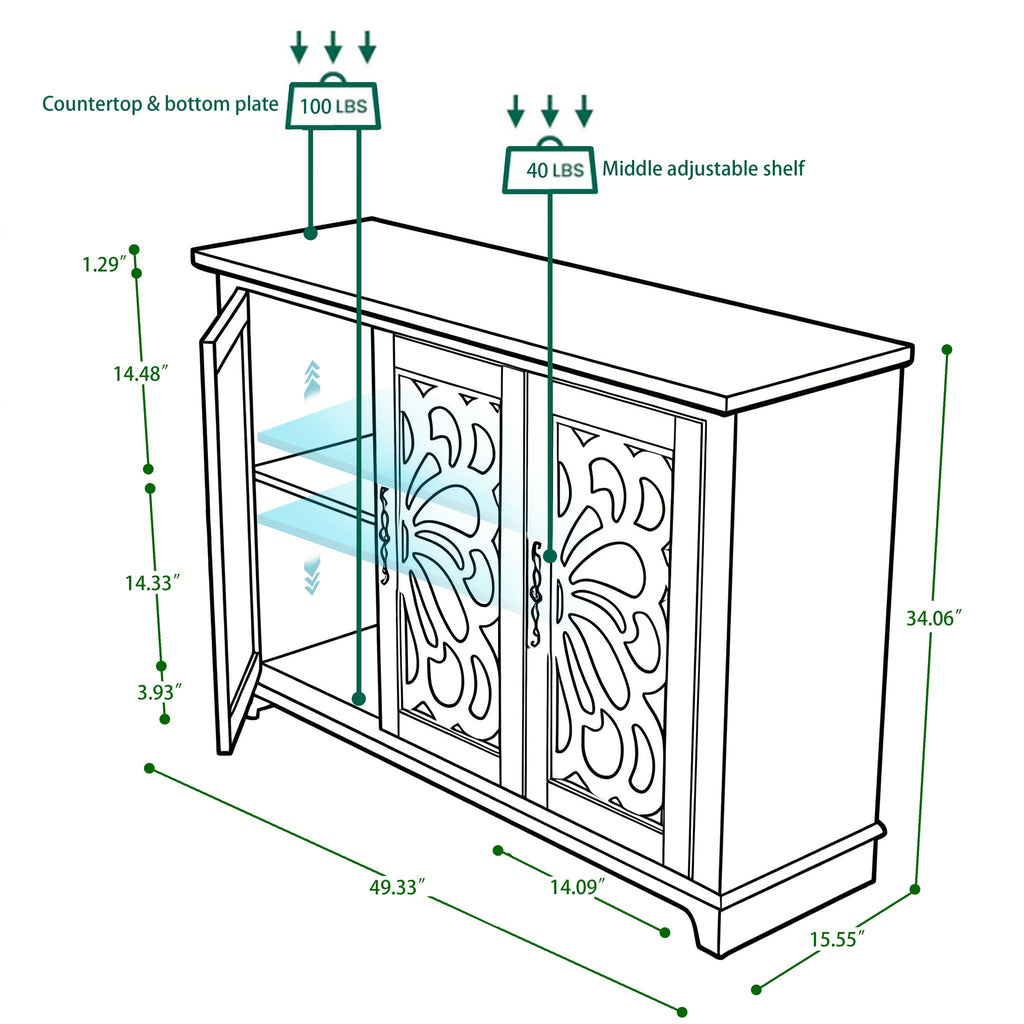 3 Door Mirrored Sideboard Cabinet With Adjustable Shelves