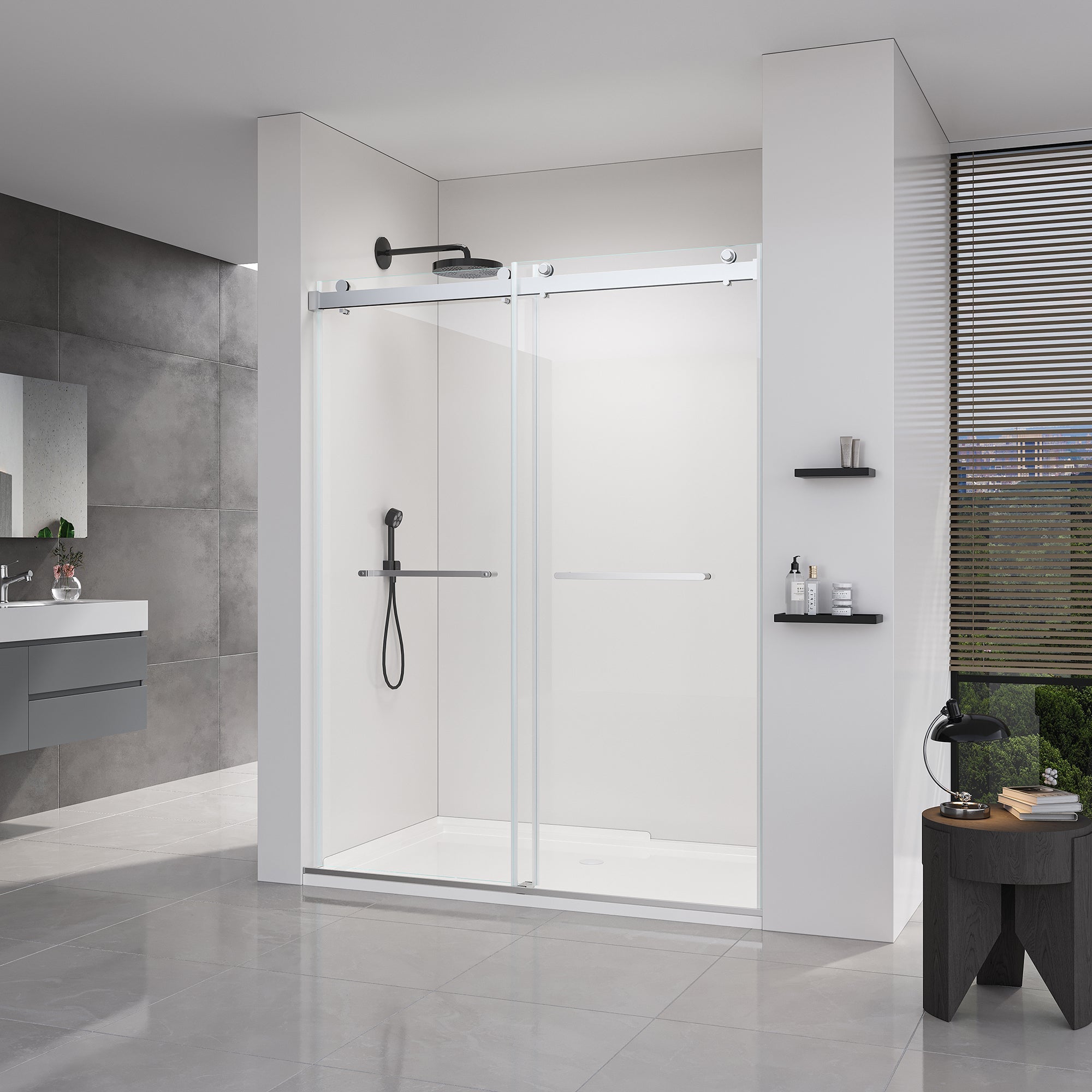 56-60*76 INCH Double Sliding Frameless Soft-Close Shower Door with Premium (8mm)Thick Tampered Glass and Easy-Cleaning Coating In --Brushed Nickel