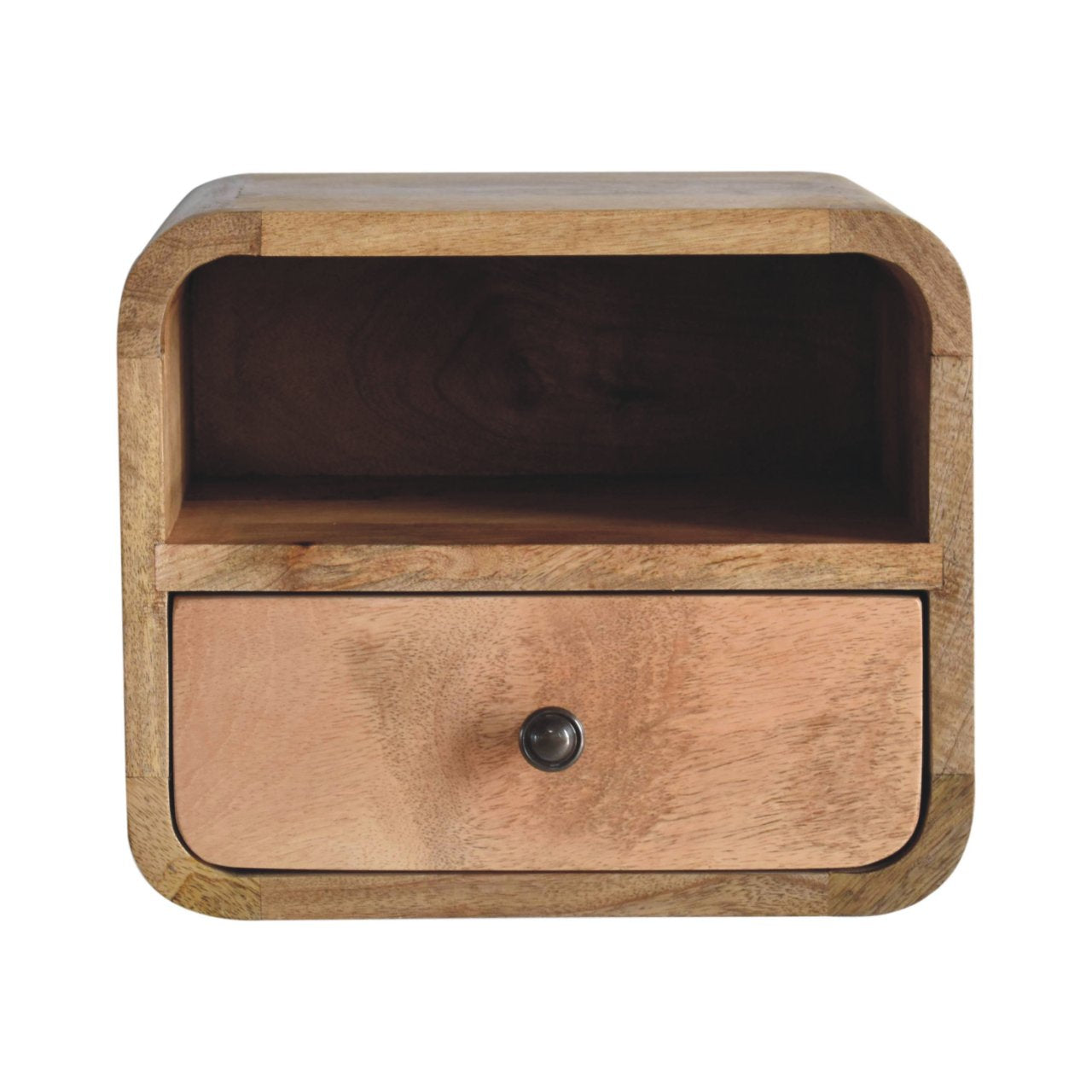 Extra Mini Wall-Mounted Curved Oak-ish Nightstand with Open Slot, 1-Drawer