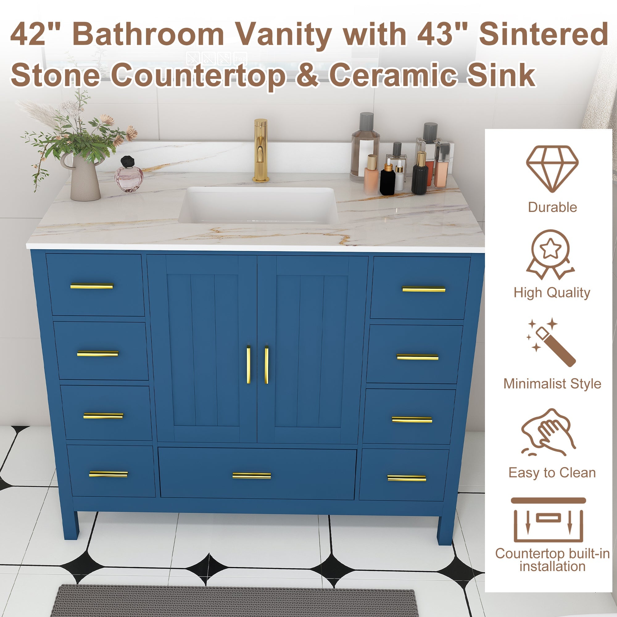 42" Modern Solid Wood Bathroom Vanity with Sink, 43" Carrara