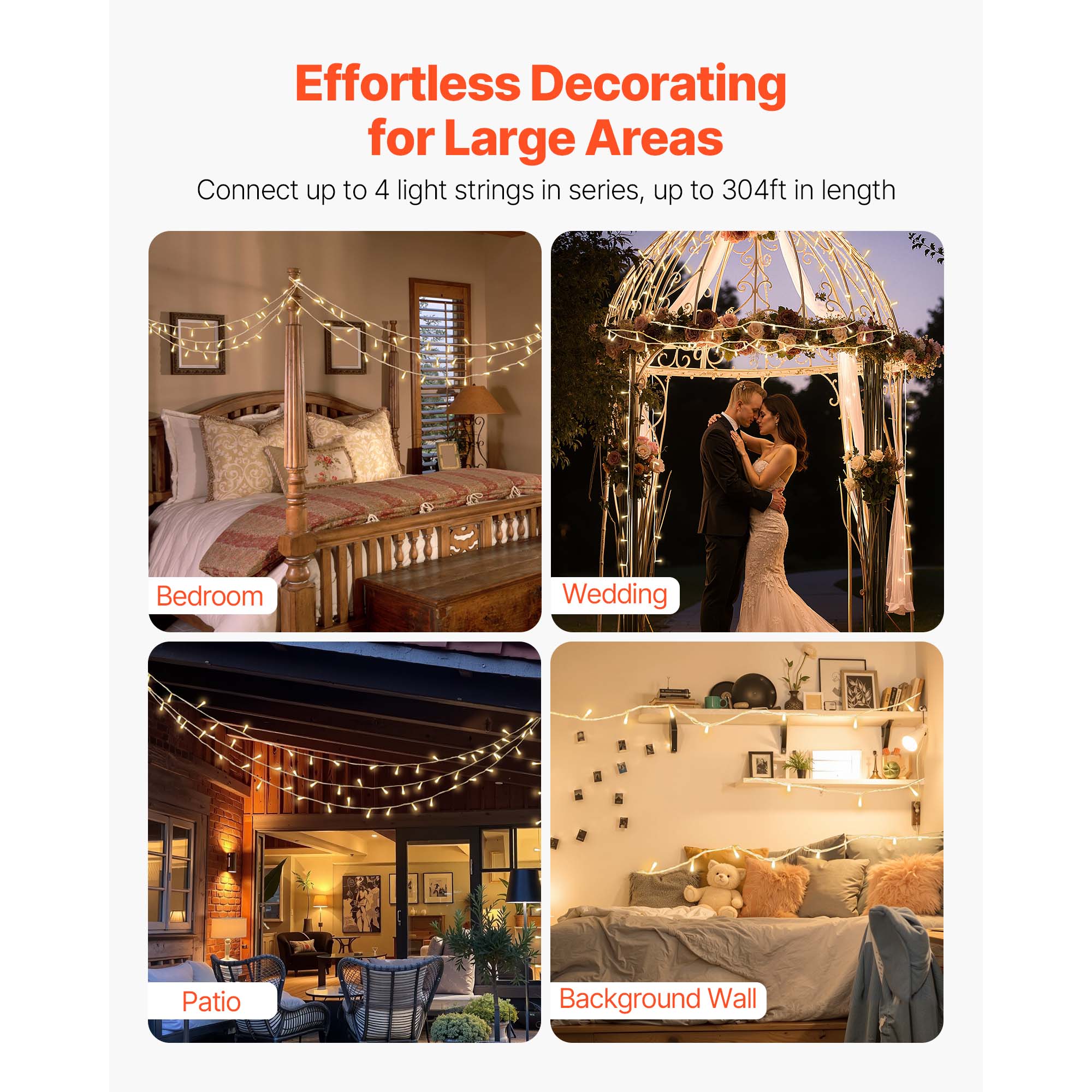LED Christmas String Lights, 200 LED, 76 Ft Connectable Warm