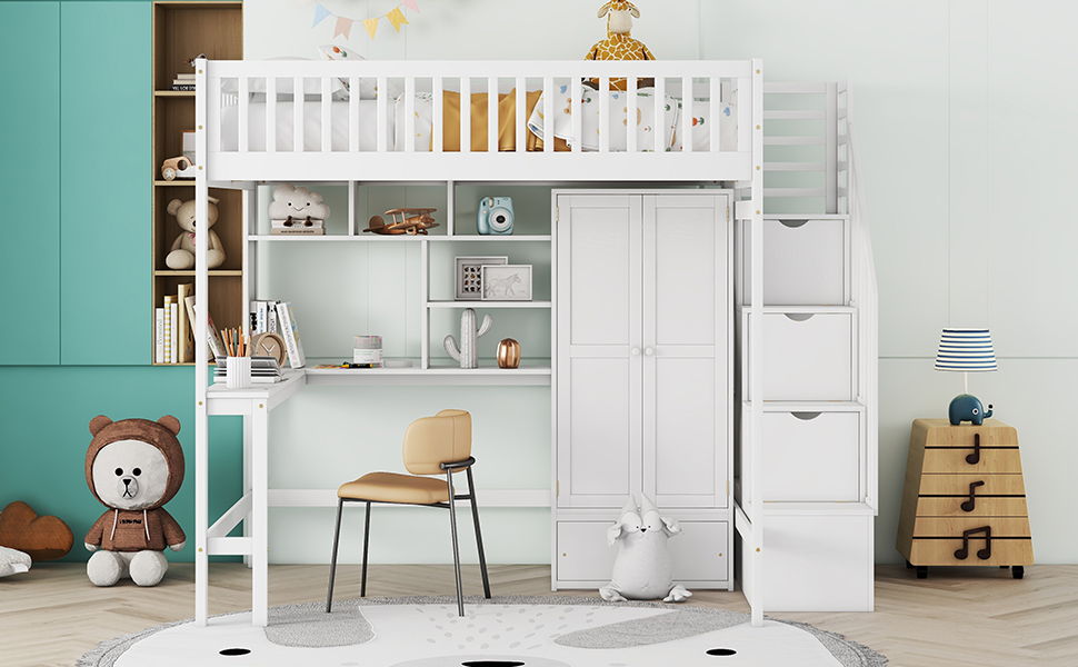 Loft Bed With Bookshelf, Drawers, Desk, And Wardrobe