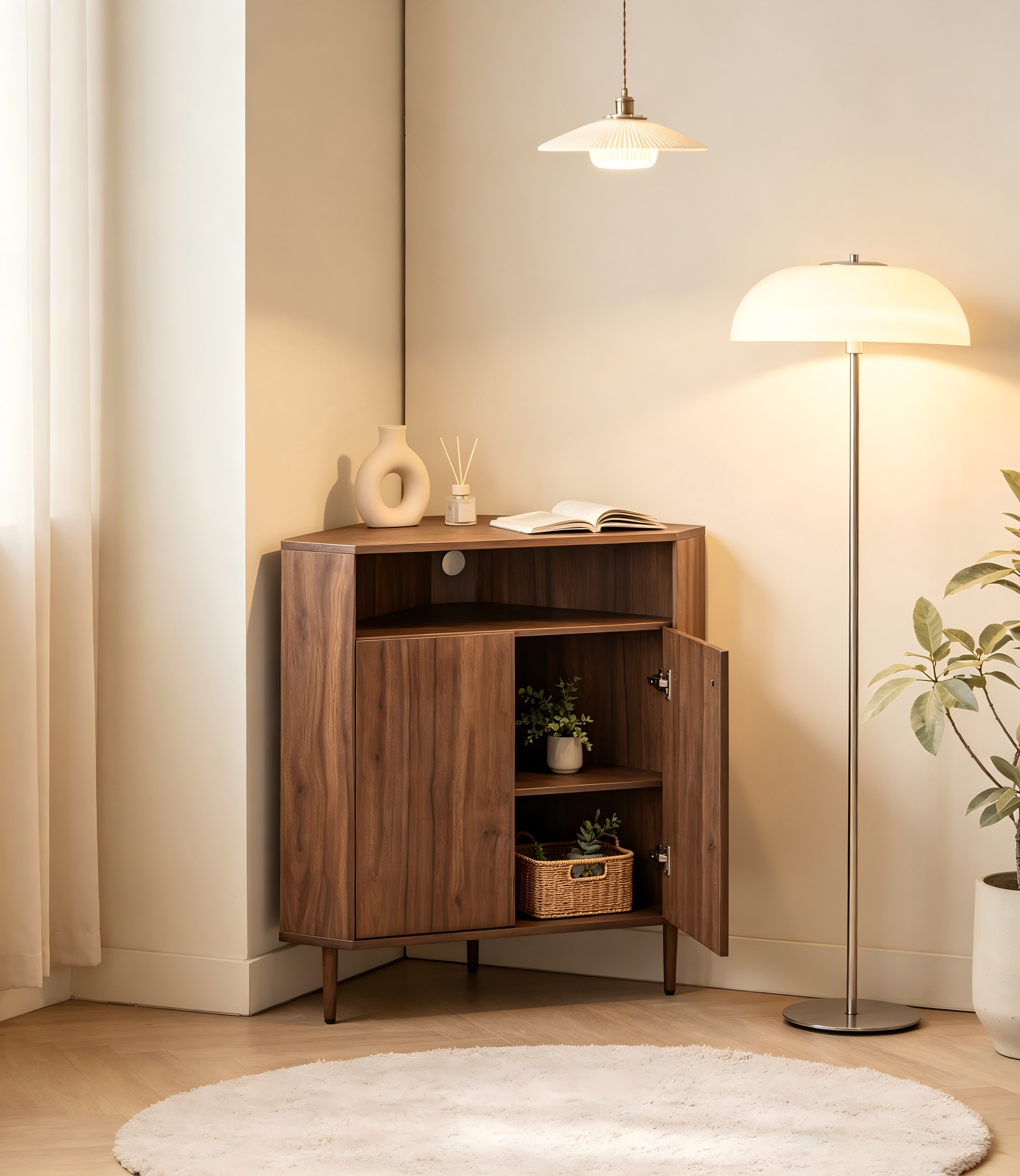 Modern Narrow Wooden Corner Storage Cabinet