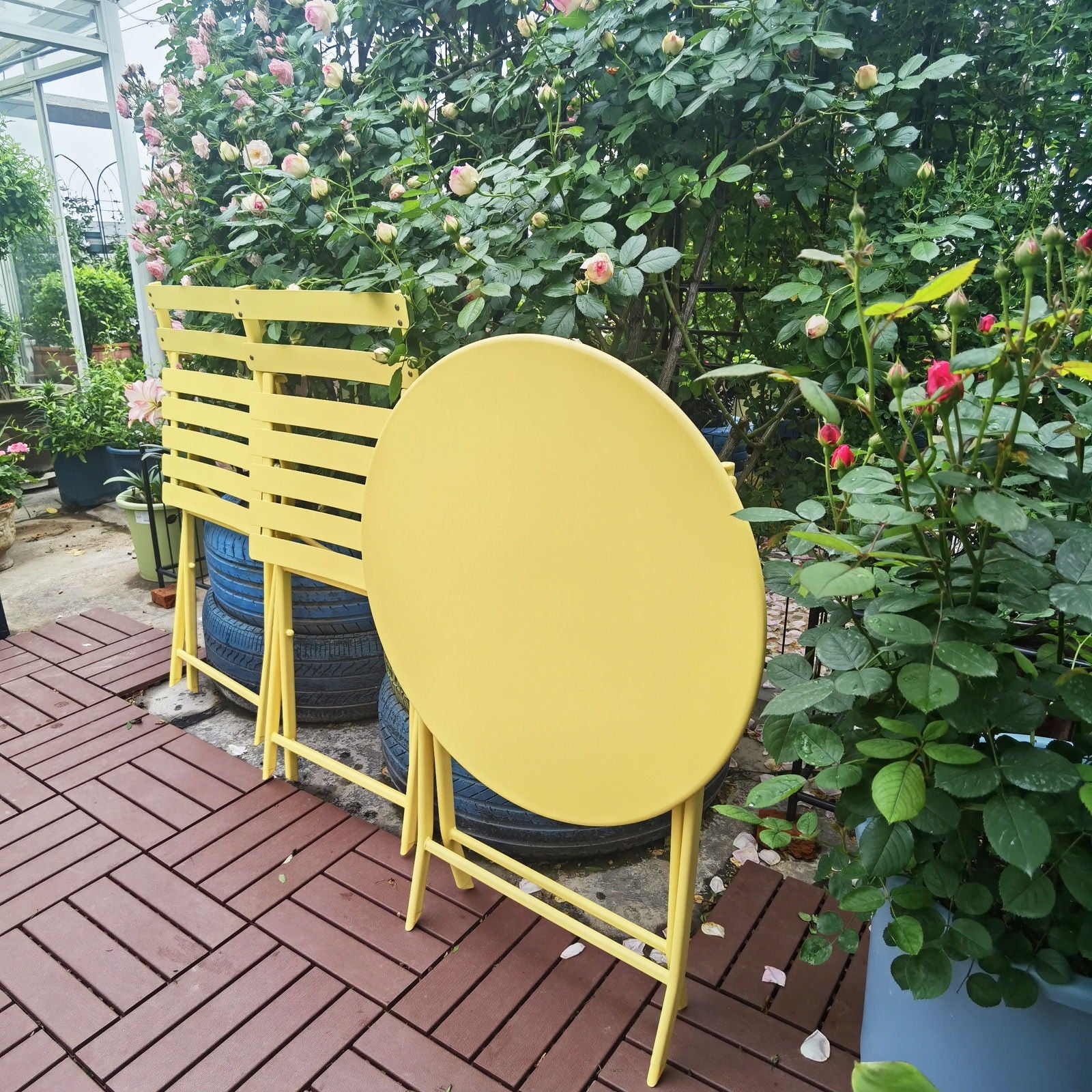 3 Piece Patio Bistro Set Of Foldable Round Table And Chairs