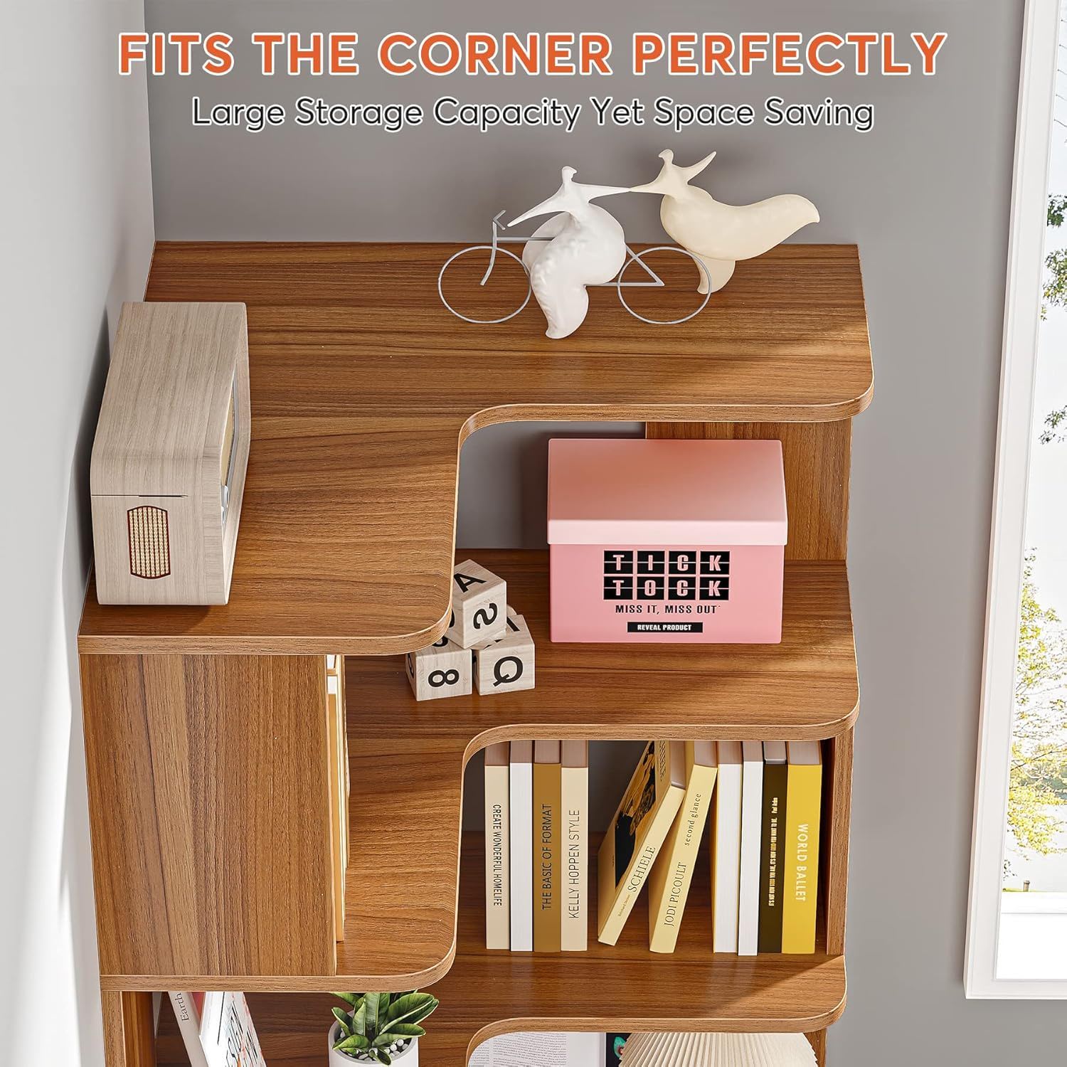 6 Tier Corner Bookshelf, L-Shaped Freestanding Shelf With Anti Drop Panels