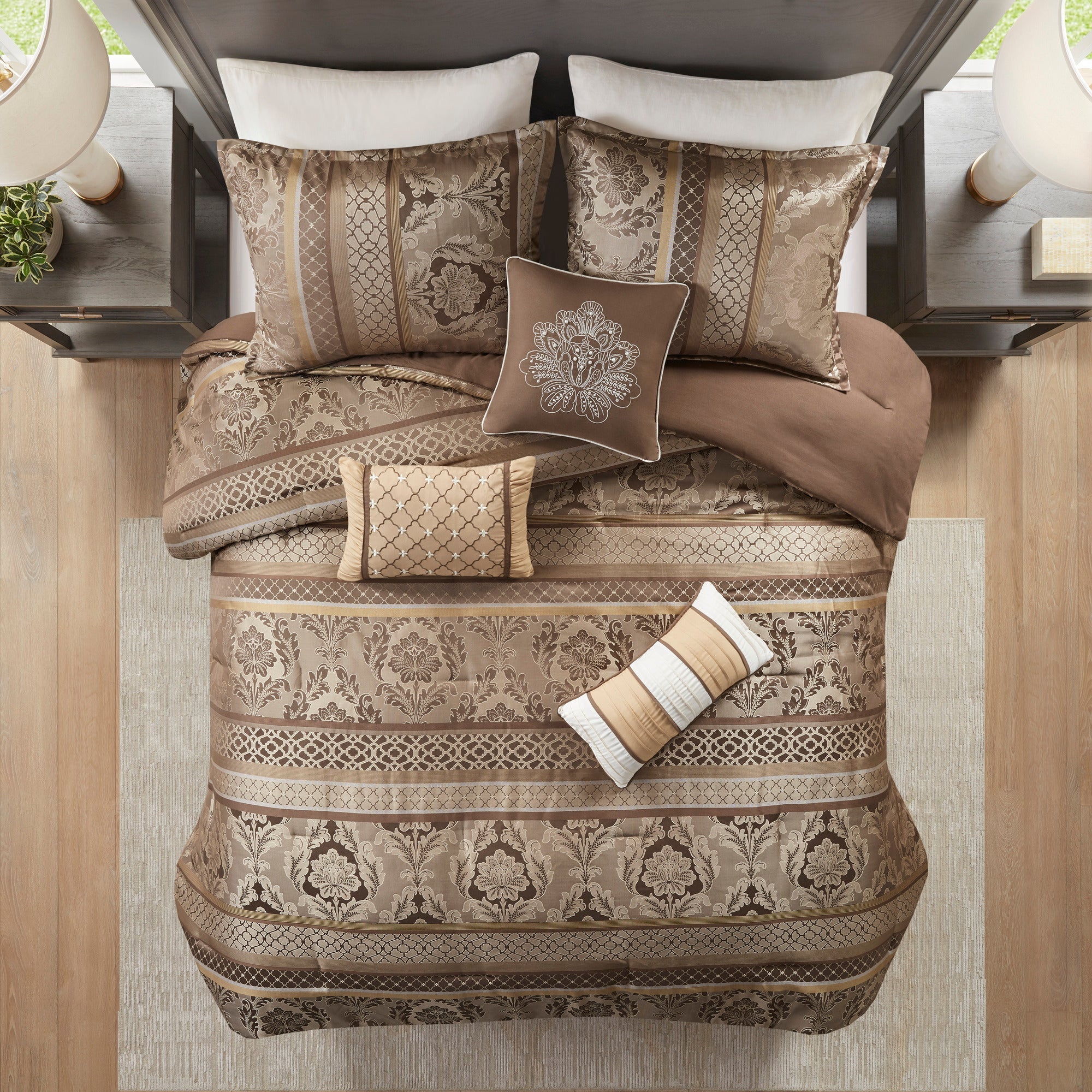 7 Piece Jacquard Comforter Set Brown/Gold Queen