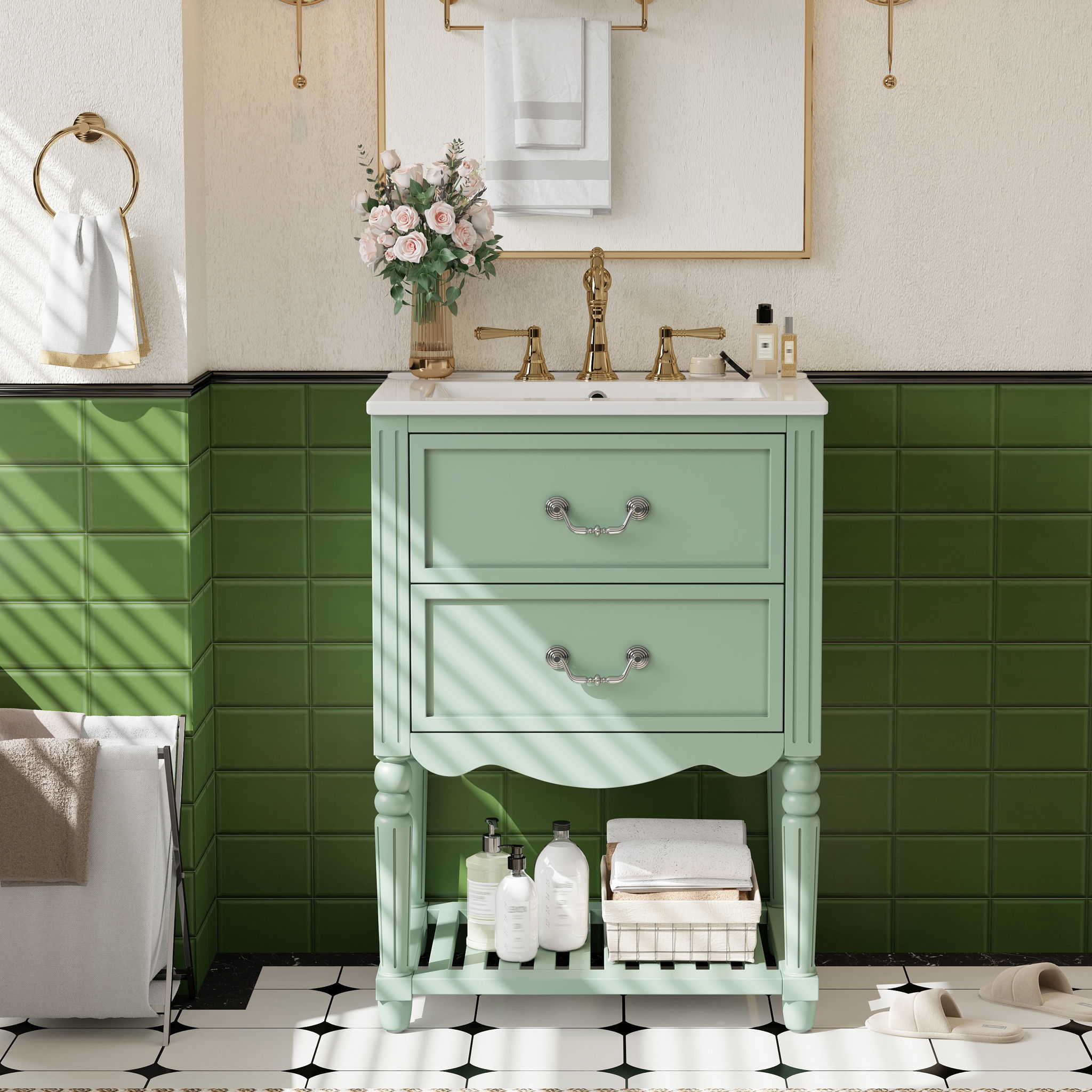 Wave Design Bathroom Vanity With Sink, 2 Drawers And Open Shelf