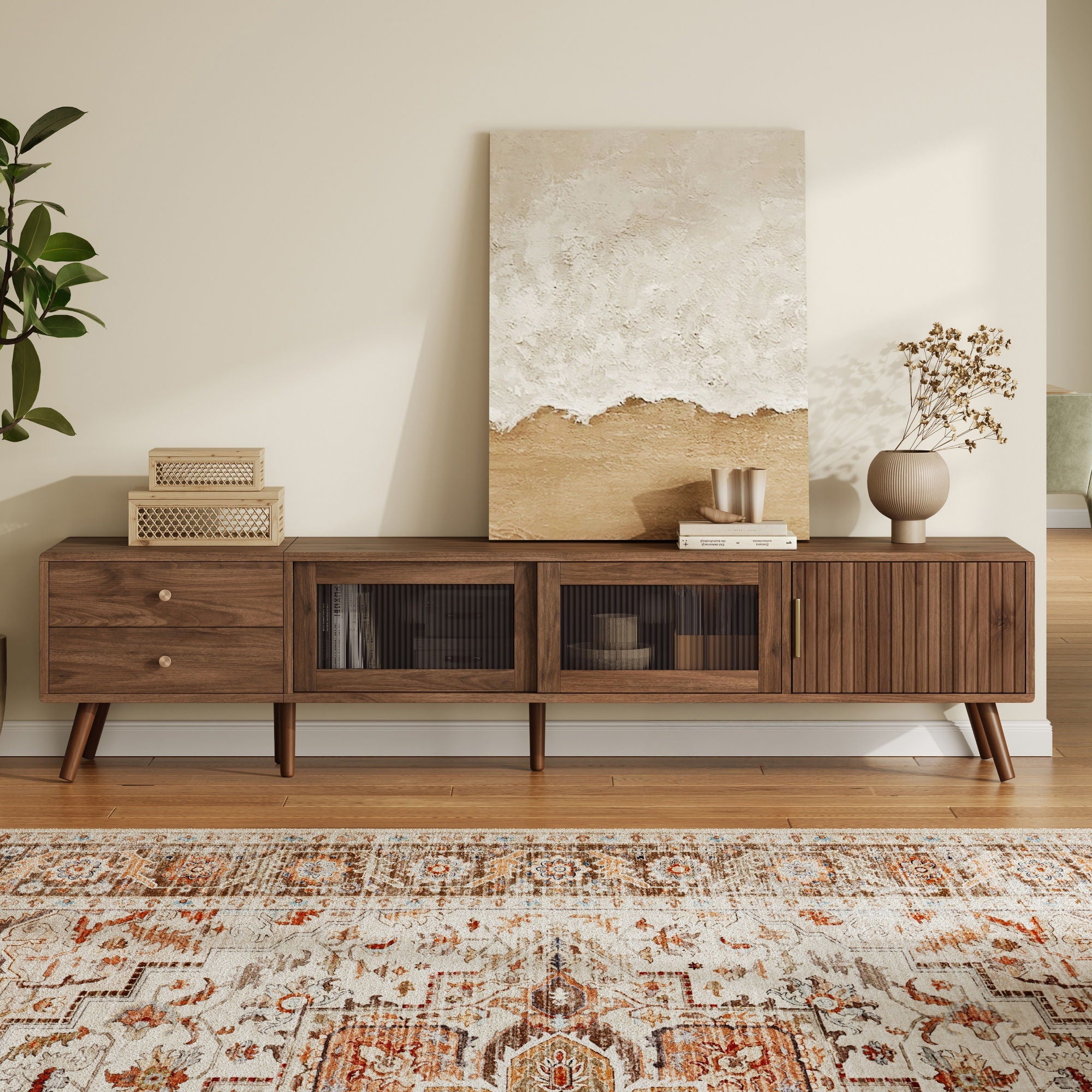 76" TV Stand, Entertainment Center With Storage Cabinets, TV Media Console Table For Living Room - Natural