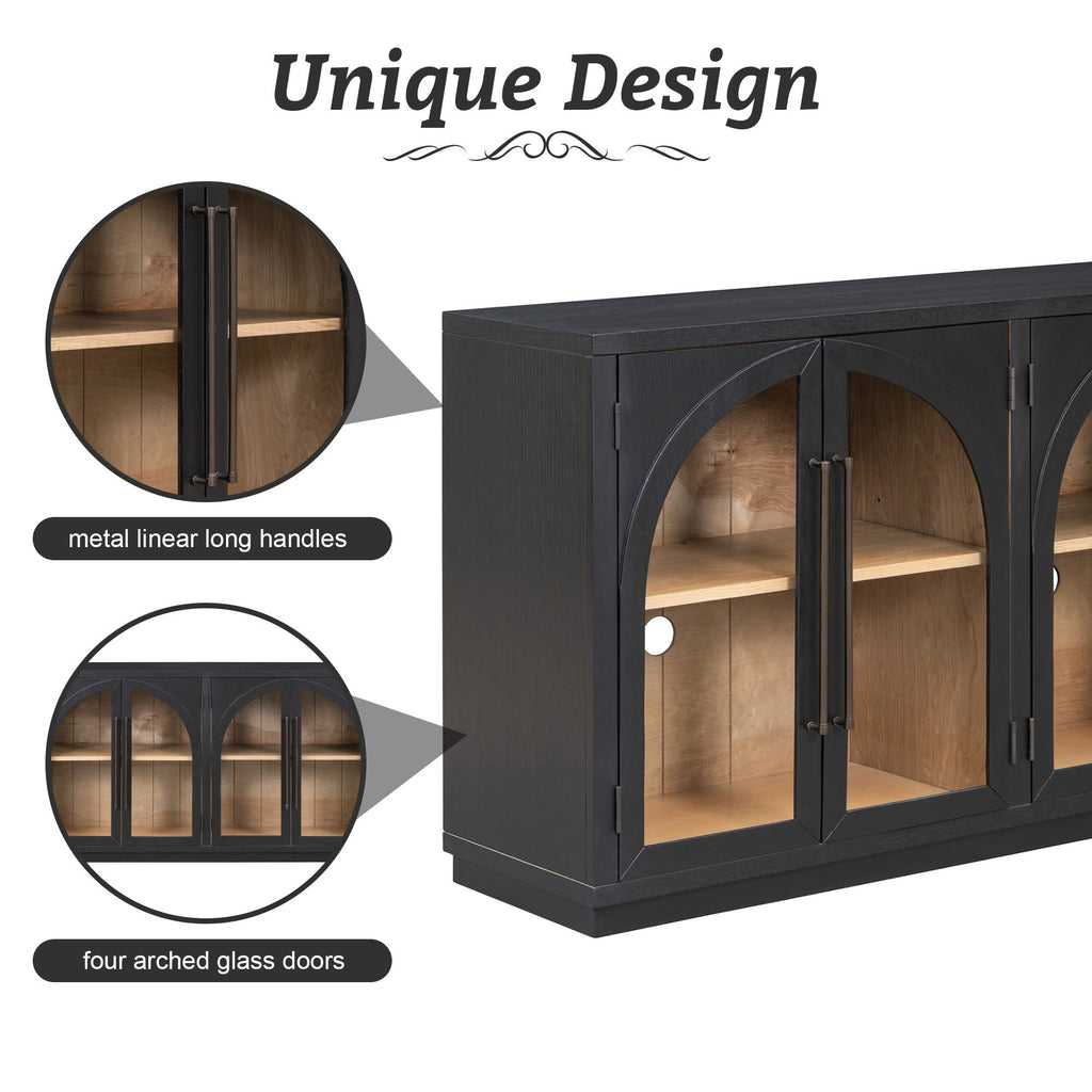 4-Door Large Storage Sideboard Buffet Cabinet with Glass Doors Arched Cabinet (Black)