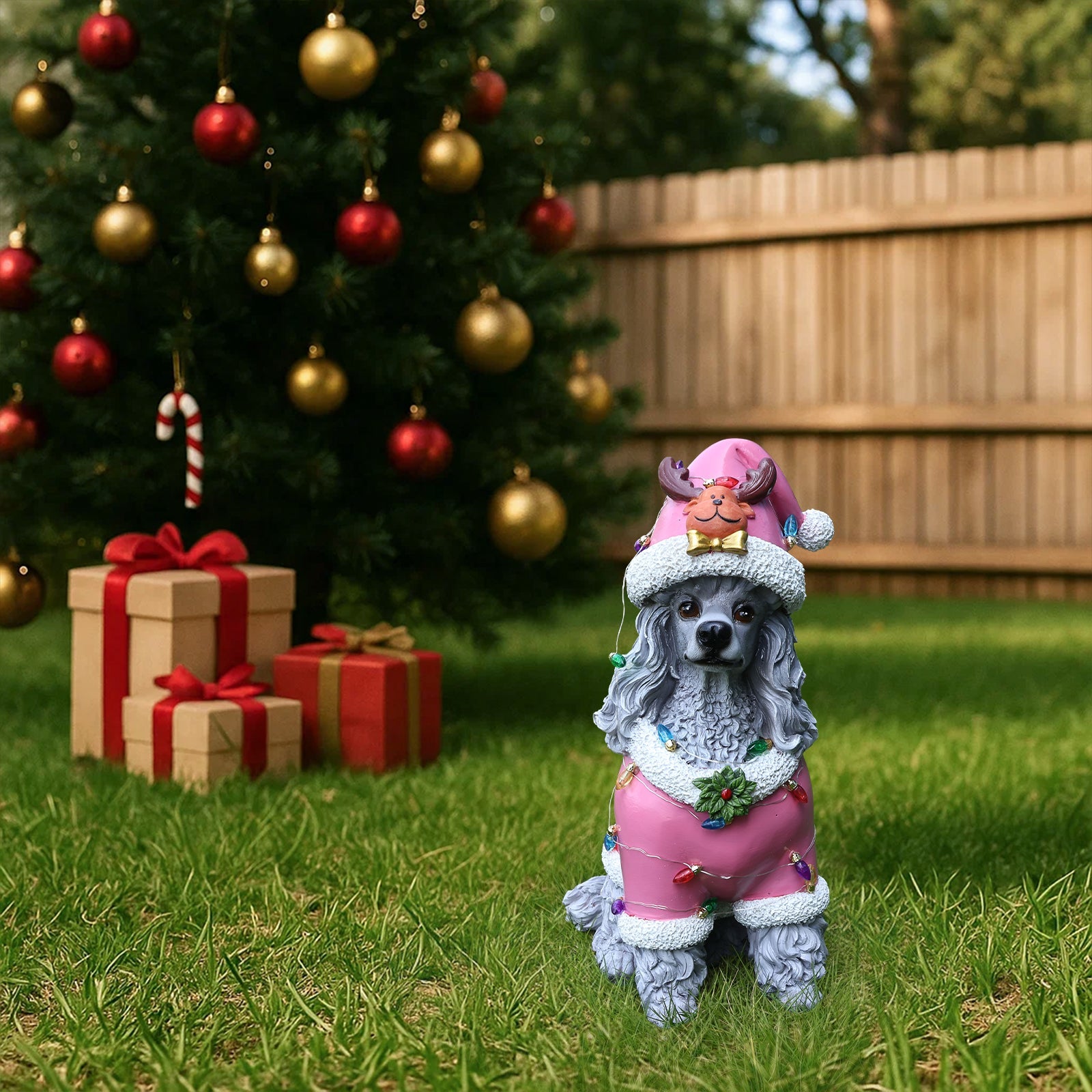 Christmas Poodle Statue, Holiday Dog Figurine