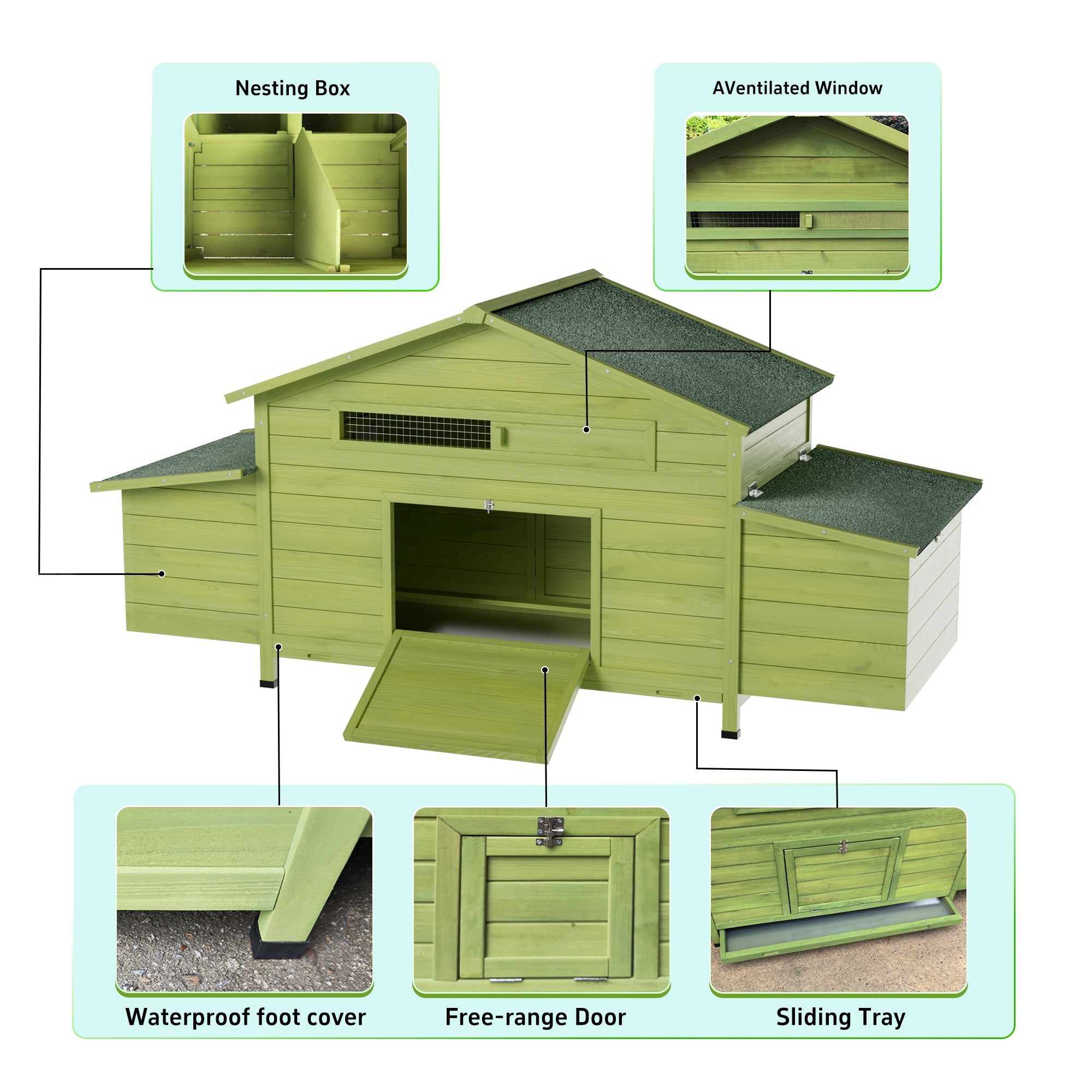 70" Large Wooden Chicken Coop with 2 Nesting Boxes and Waterproof Roof