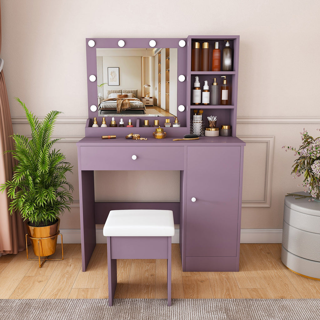Stylish Vanity Desk Set with Padded Stool & Adjustable Lighted Mirror