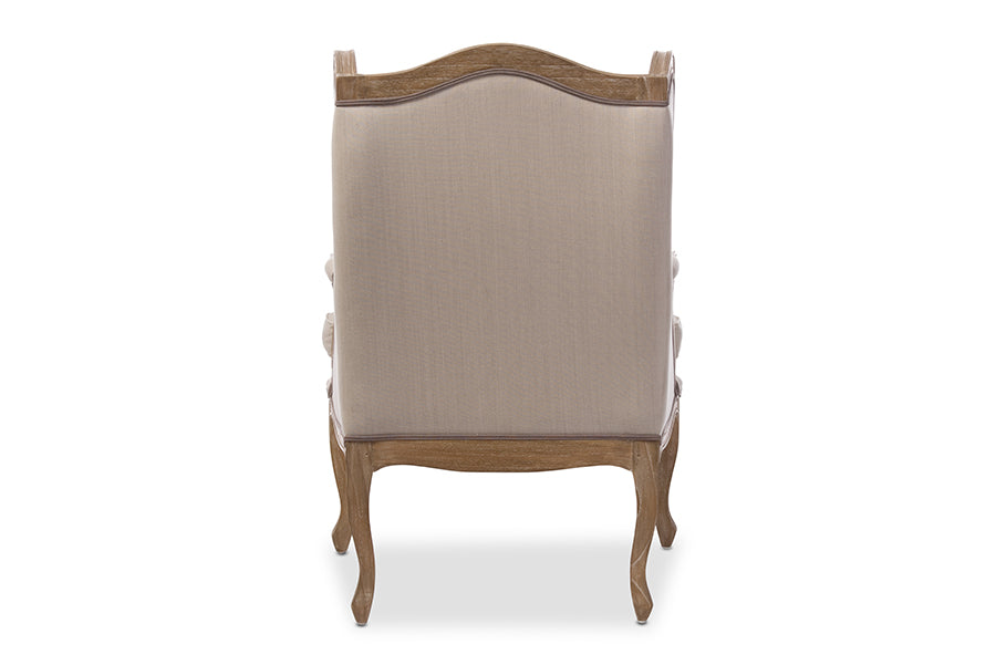 Baxton Studio Oreille French Provincial Style White Wash Distressed Two-tone Beige Upholstered Armchair
