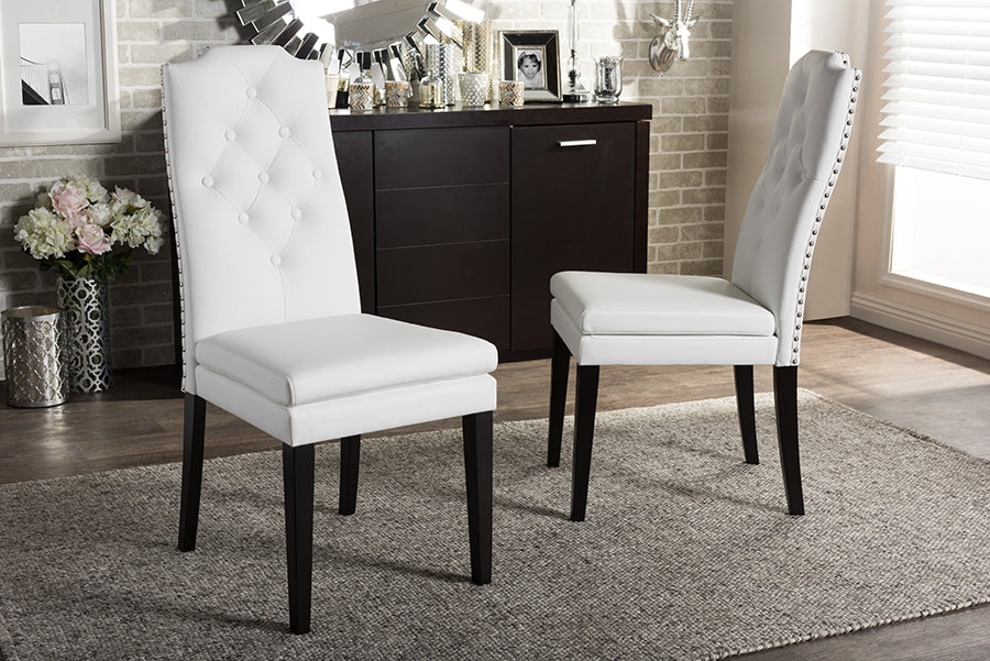 Baxton Studio Dylin Modern and Contemporary White Faux Leather Button-Tufted Nail heads Trim Dining Chair (Set of 2)
