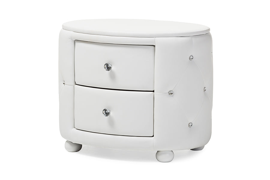 Baxton Studio Davina Hollywood Glamour Style Oval 2-drawer White Faux Leather Upholstered Nightstand