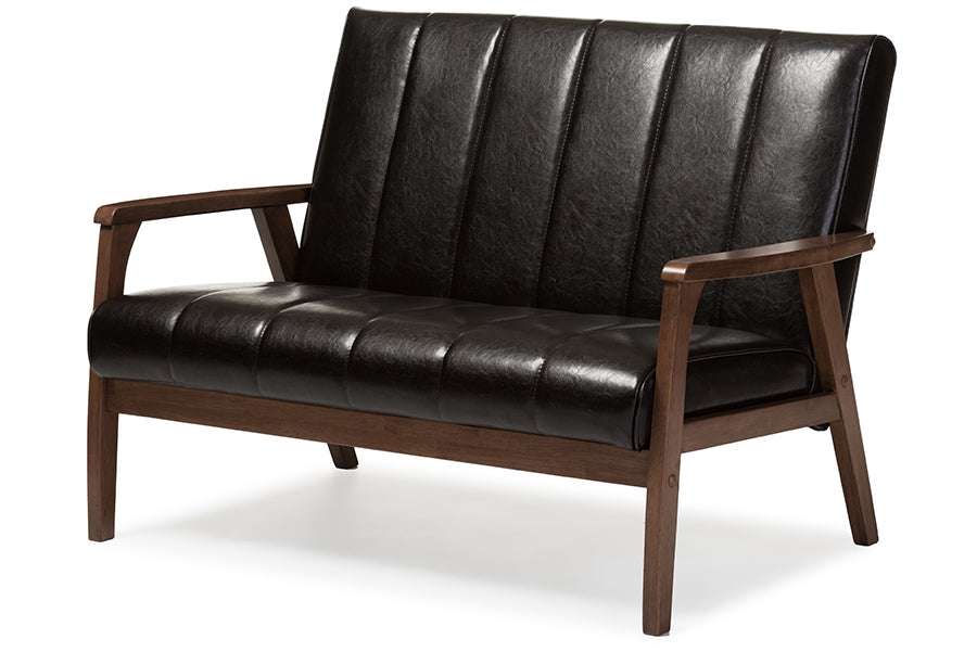 Baxton Studio Nikko Mid-century Modern Scandinavian Style Dark Brown Faux Leather Wooden 2-Seater Loveseat