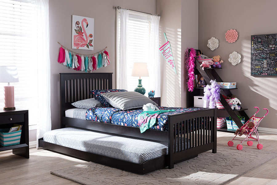 Baxton Studio Hevea Twin Size Dark Brown Solid Wood Platform Bed with Guest Trundle Bed