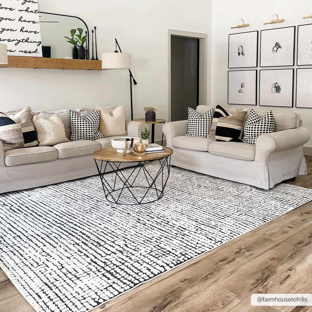Keita Cream & Black Grid Plush Rug