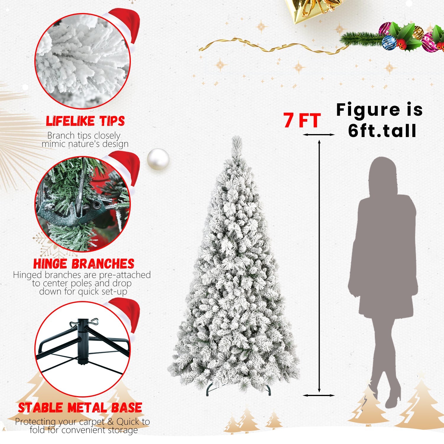 8FT Flocked Christmas Tree with 600 Warm Lights