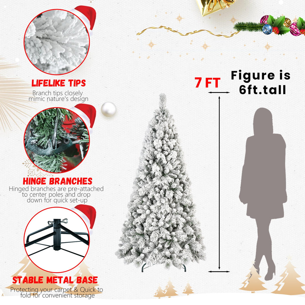 8FT Flocked Christmas Tree with 1445 Tips – Snowy PVC & Hard Needle Branches
