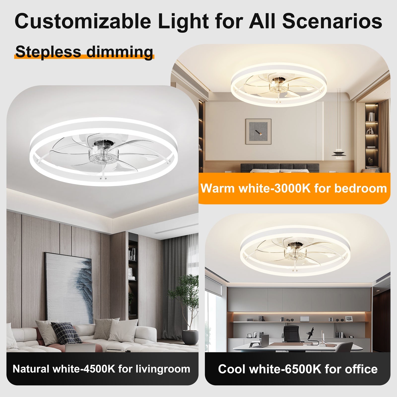 23.6 Inch Ceiling Fan with Light, Quiet DC Motor, Dimmable 3-Color LED