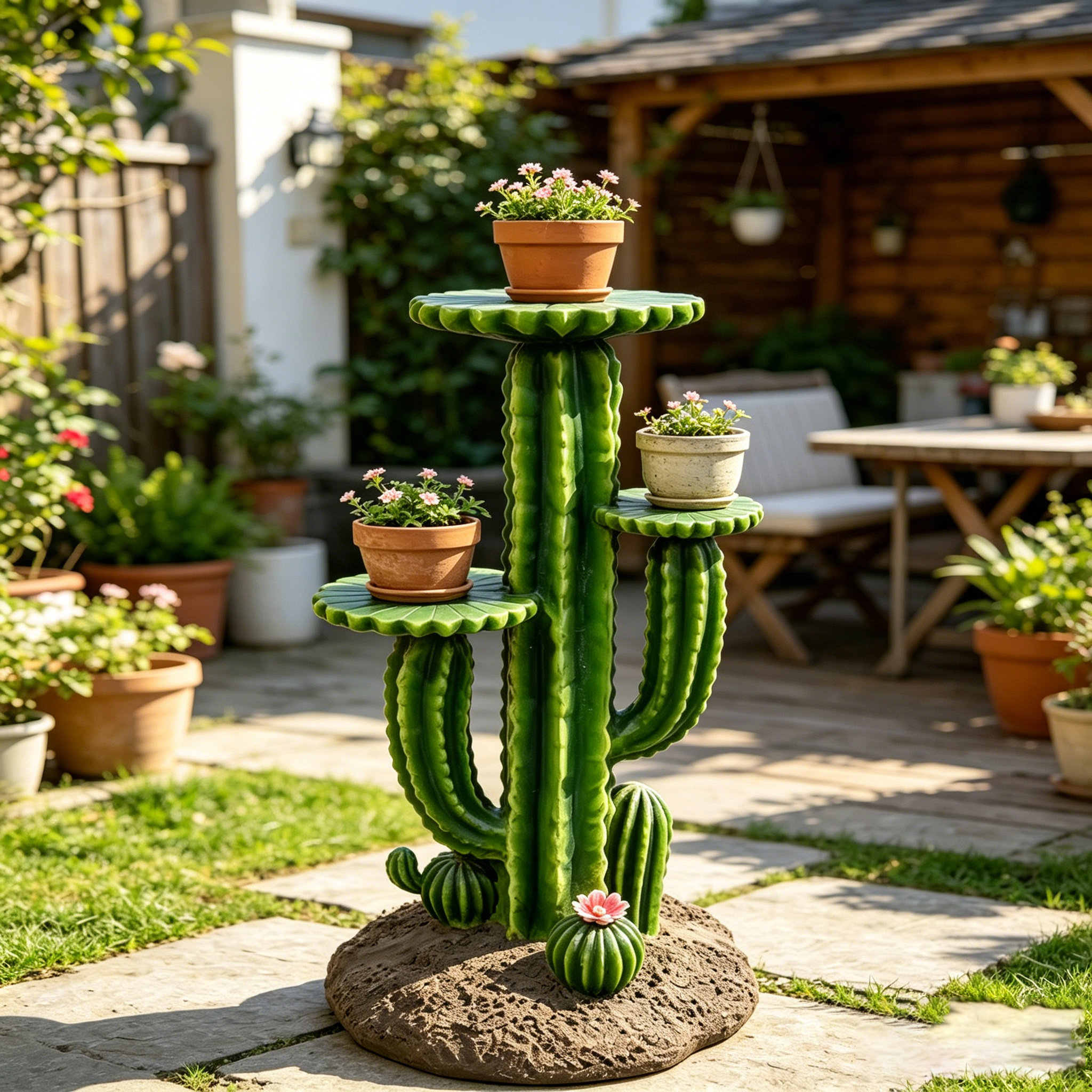 32'' Resin Saguaro Cactus Plant Stand with 3 Display Shelves, Large Multi-Tier Cactus Sculpture Flower Pot Holder, Weatherproof Outdoor Garden Decor for Patio Yard Lawn Succulent Display Rack Ornament