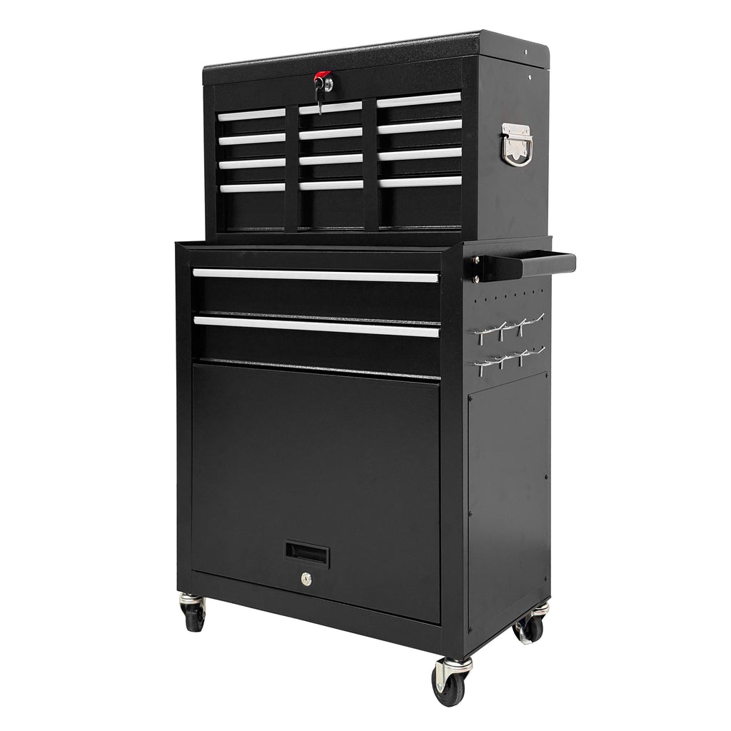 8‑Drawer High‑Capacity Rolling Tool Chest, 2‑in‑1 Detachable Top Box,Metal Tool Storage Cabinet with Drawer Liners, Lockable Wheels &  Side Hooks, Heavy‑Duty Tool Cart for Garage Workshop‑Black