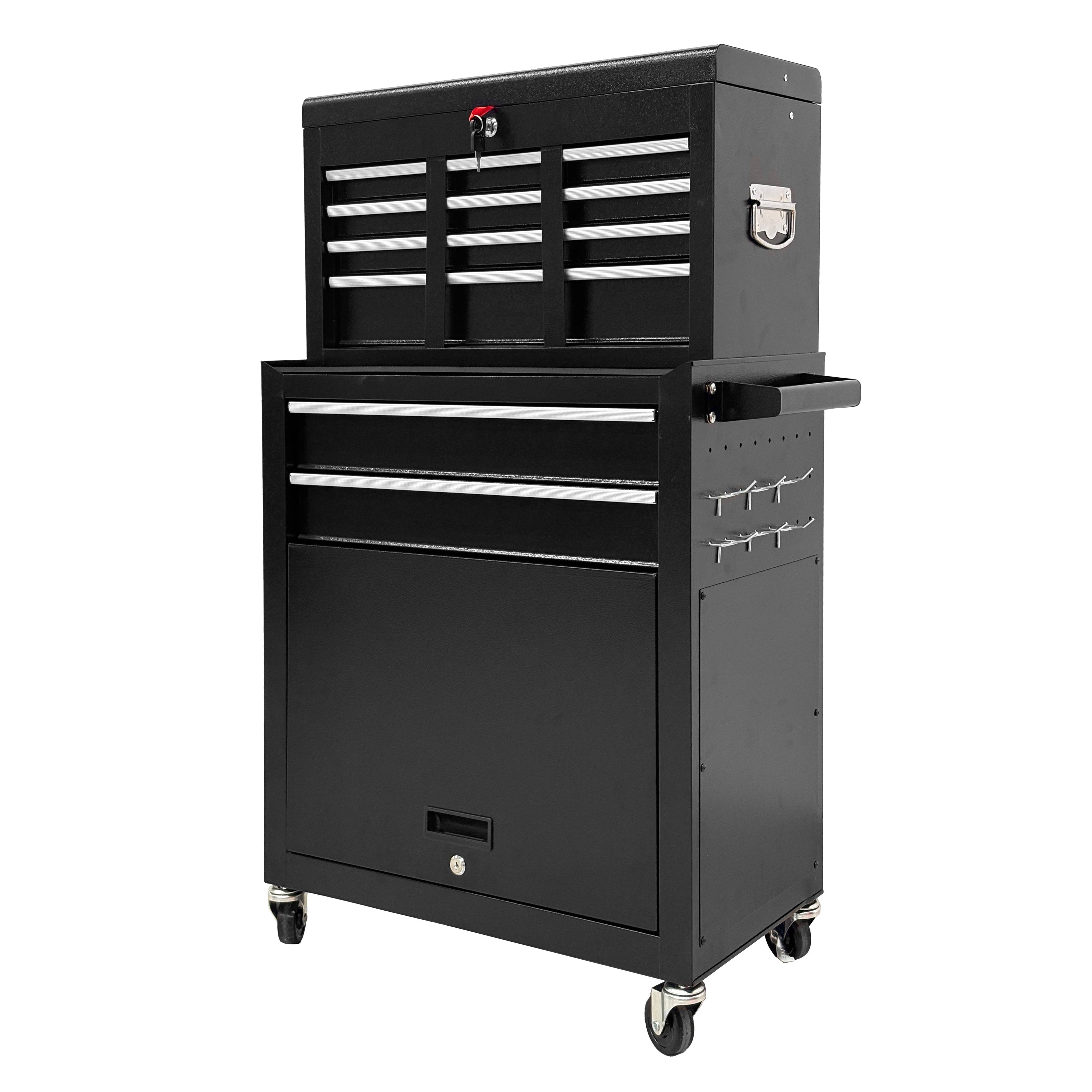 8‑Drawer High‑Capacity Rolling Tool Chest, 2‑in‑1 Detachable Top Box,Metal Tool Storage Cabinet with Drawer Liners, Lockable Wheels &  Side Hooks, Heavy‑Duty Tool Cart for Garage Workshop‑Black