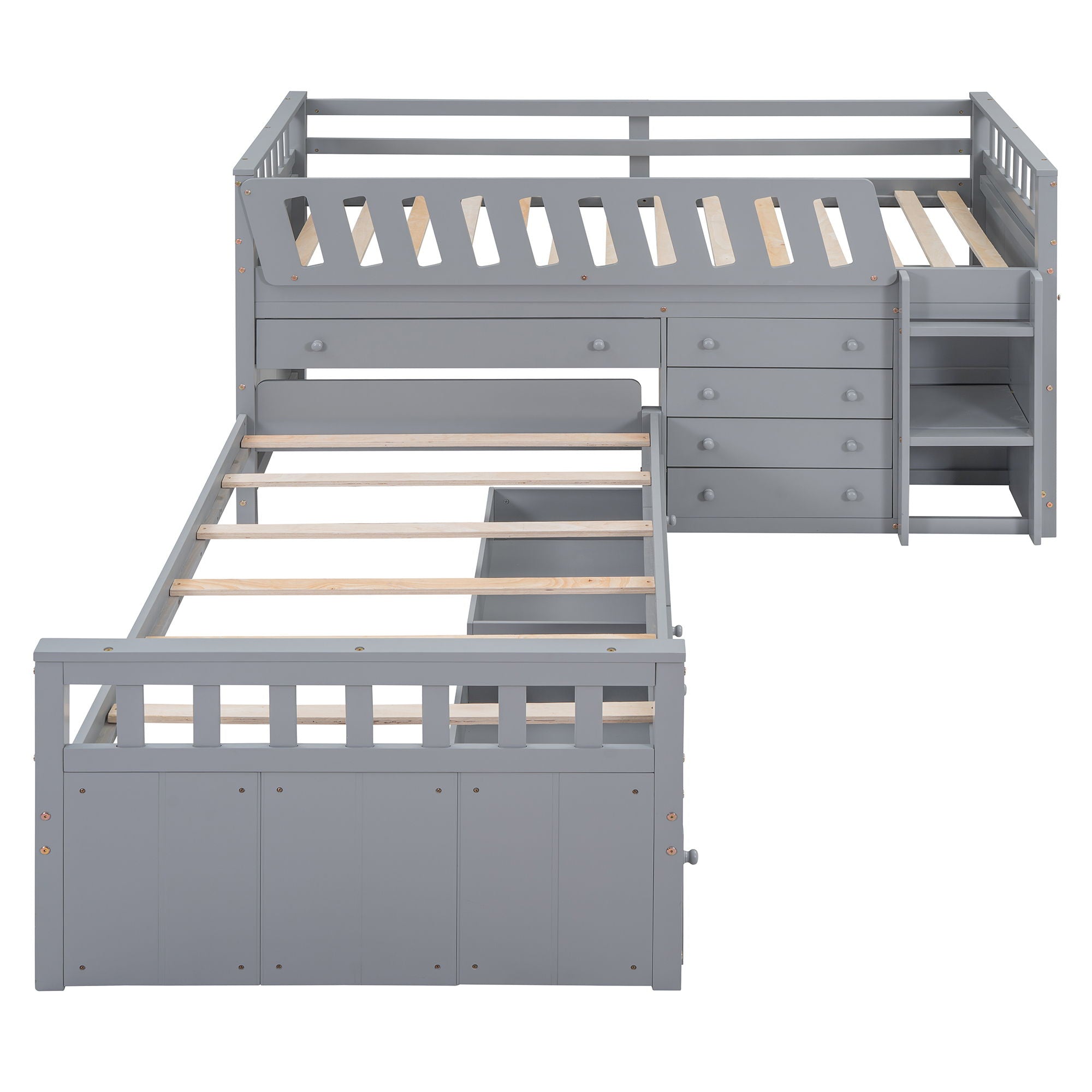Loft Platform Bed With 7 Drawers And Full Guardrails, Modern L Shaped Space Savin